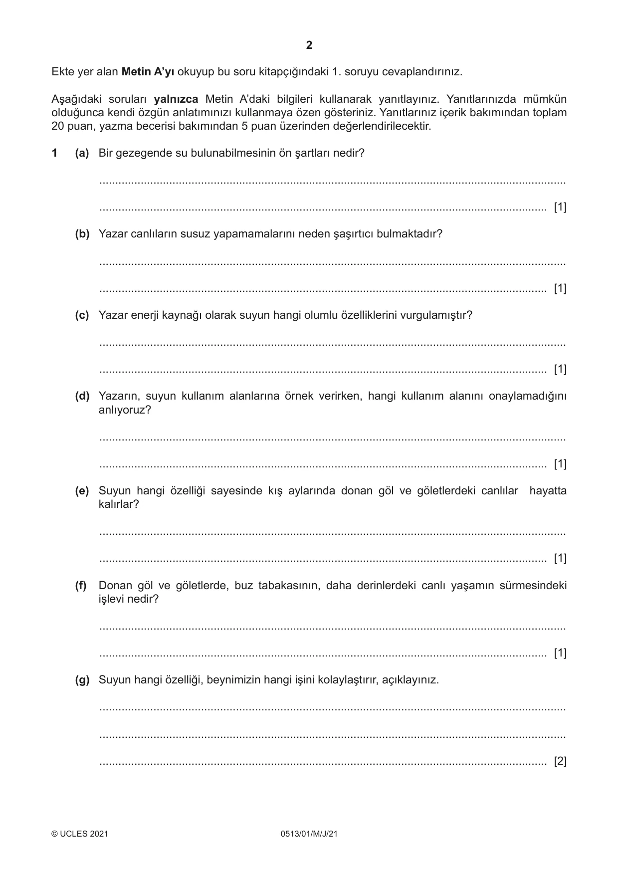 Cambridge IGCSE Turkish - First Language 0513 2021 May/June Paper 1 · Variant 0 question paper, page 2 of 8