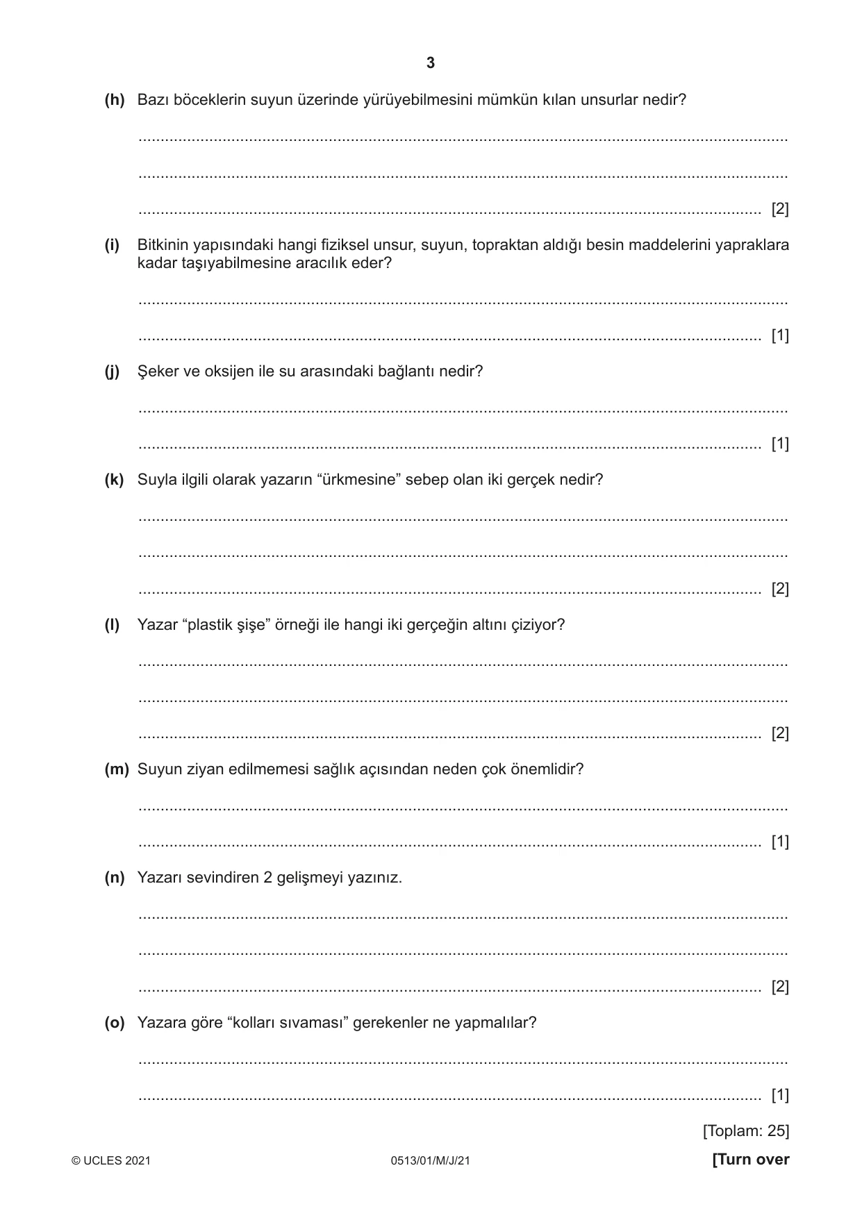 Cambridge IGCSE Turkish - First Language 0513 2021 May/June Paper 1 · Variant 0 question paper, page 3 of 8