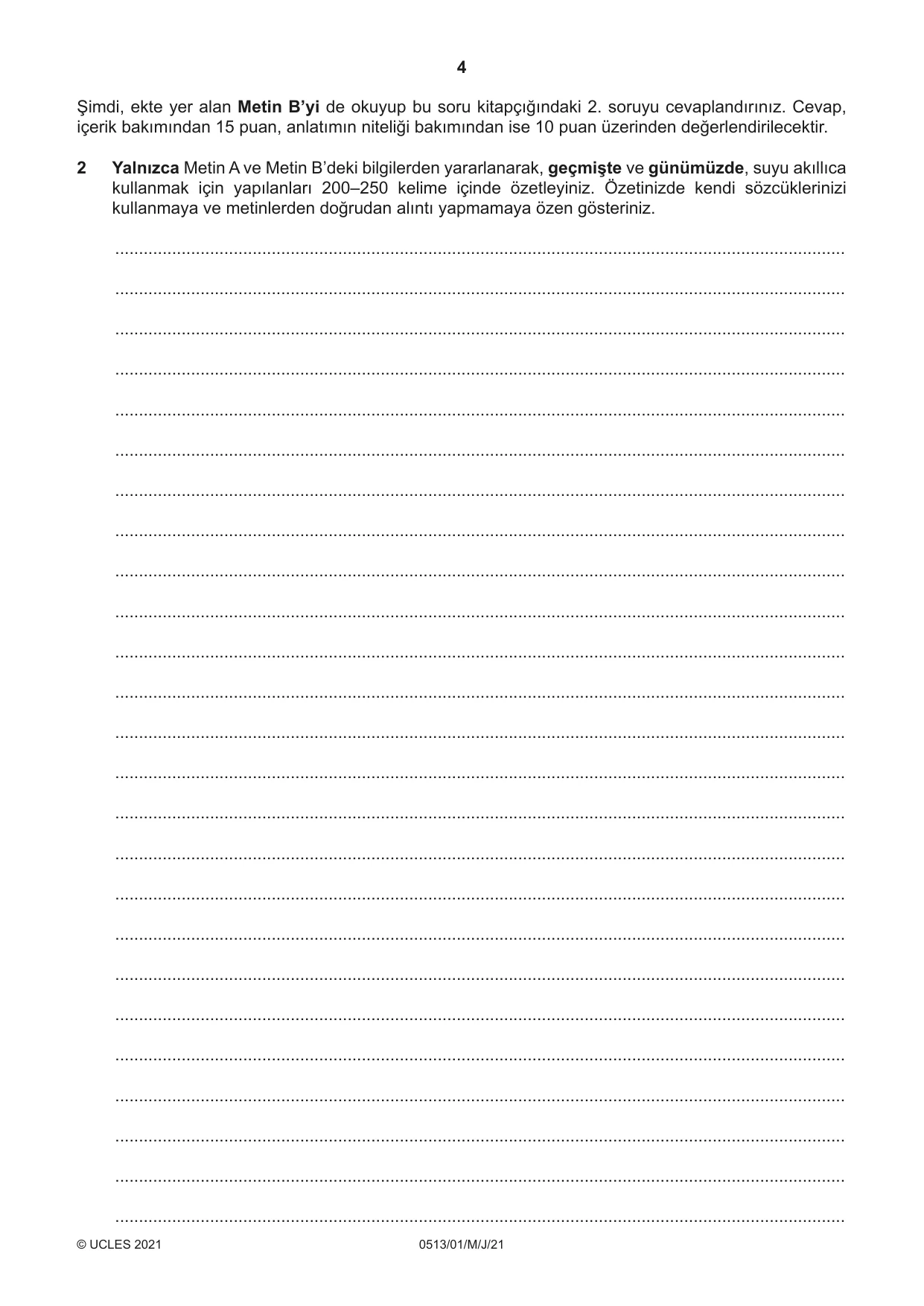 Cambridge IGCSE Turkish - First Language 0513 2021 May/June Paper 1 · Variant 0 question paper, page 4 of 8