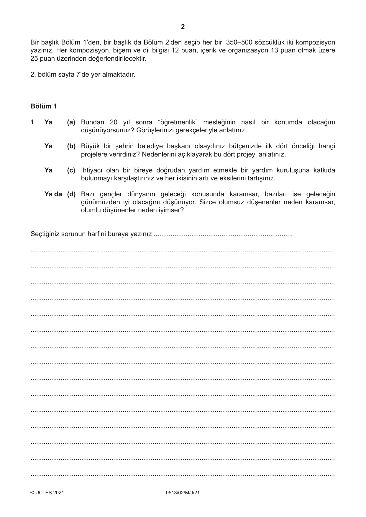 Cambridge IGCSE Turkish - First Language 0513 2021 May/June Paper 2 · Variant 0 question paper, page 2 of 12