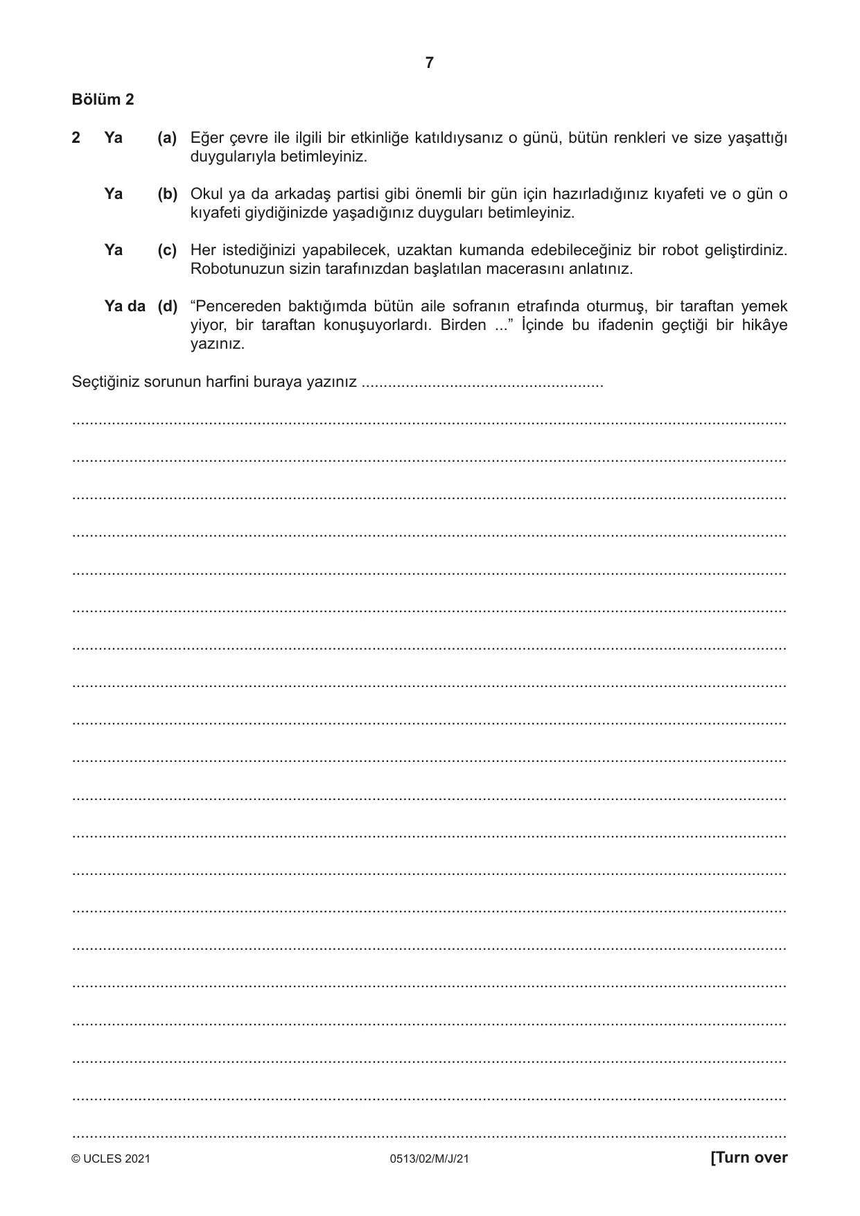 Cambridge IGCSE Turkish - First Language 0513 2021 May/June Paper 2 · Variant 0 question paper, page 7 of 12