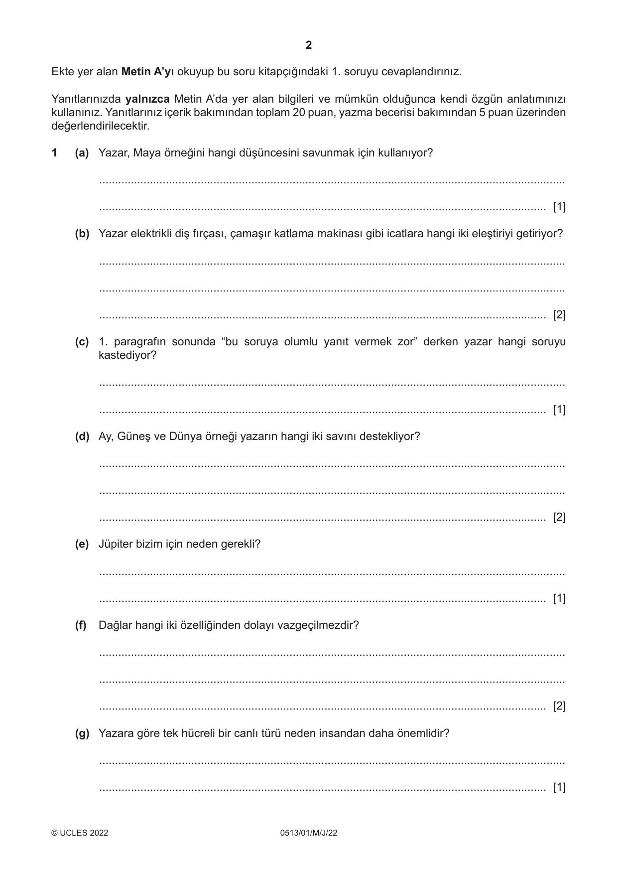Cambridge IGCSE Turkish - First Language 0513 2022 May/June Paper 1 · Variant 0 question paper, page 2 of 8