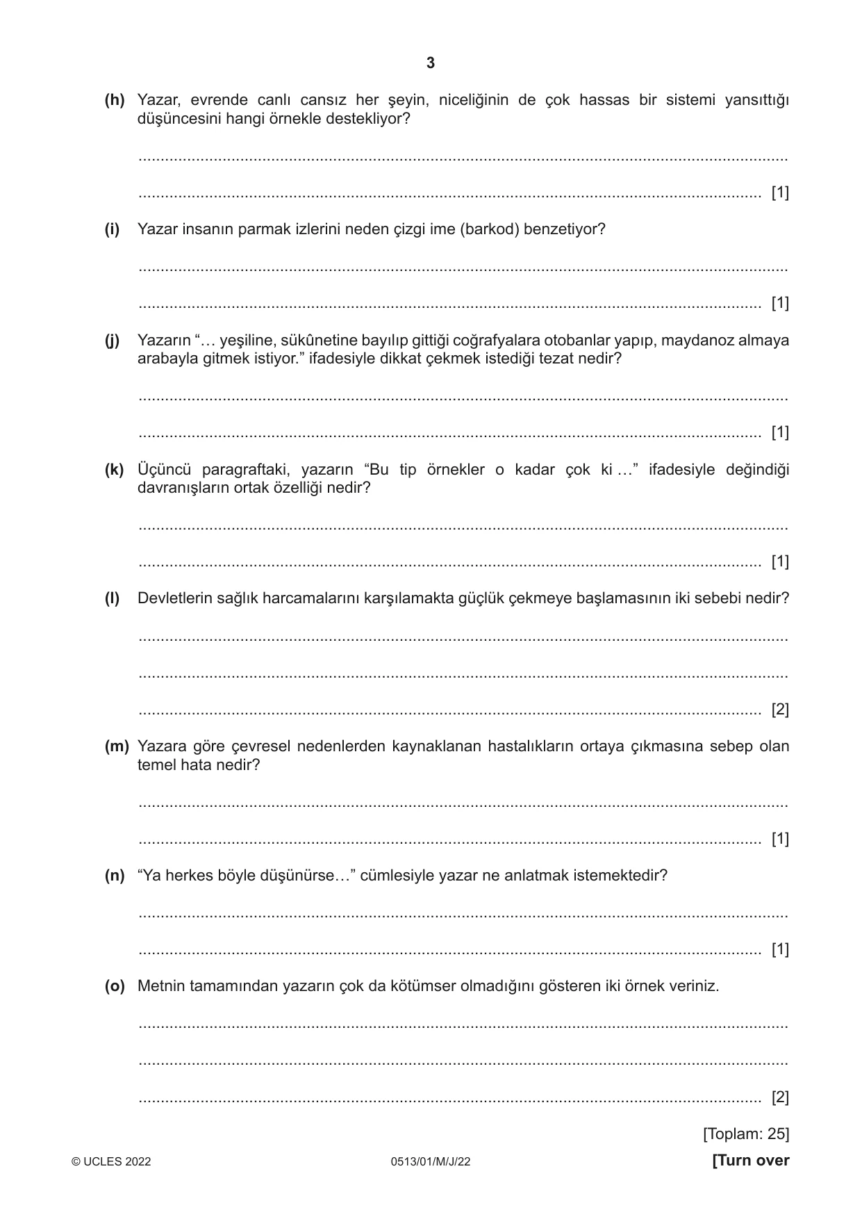 Cambridge IGCSE Turkish - First Language 0513 2022 May/June Paper 1 · Variant 0 question paper, page 3 of 8