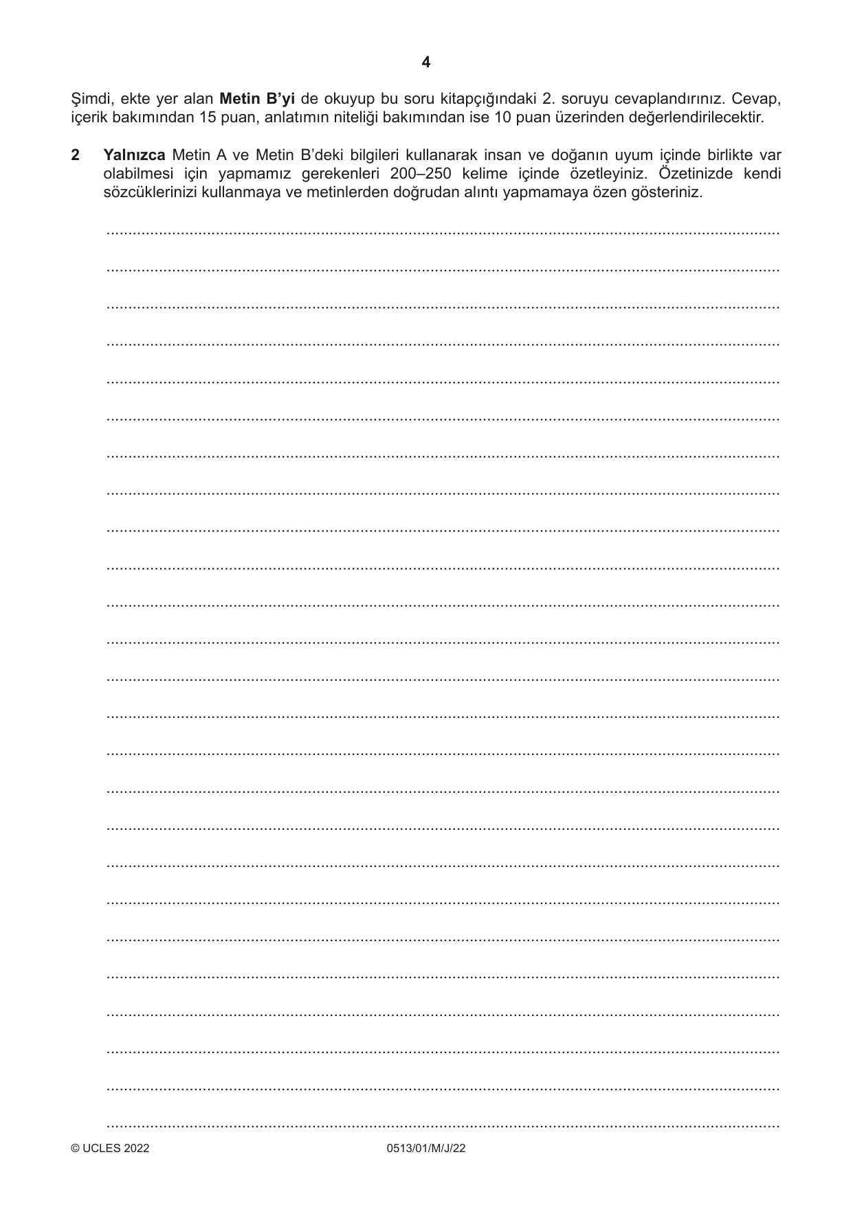 Cambridge IGCSE Turkish - First Language 0513 2022 May/June Paper 1 · Variant 0 question paper, page 4 of 8