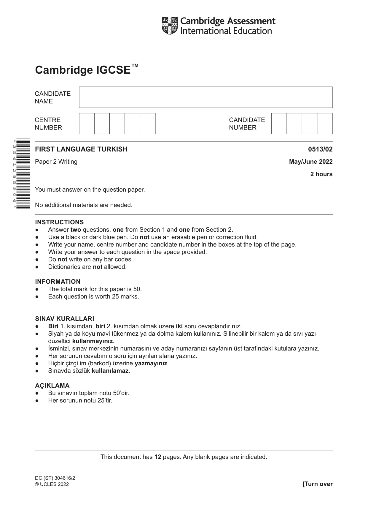 Cambridge IGCSE Turkish - First Language 0513 2022 May/June Paper 2 · Variant 0 question paper, page 1 of 12