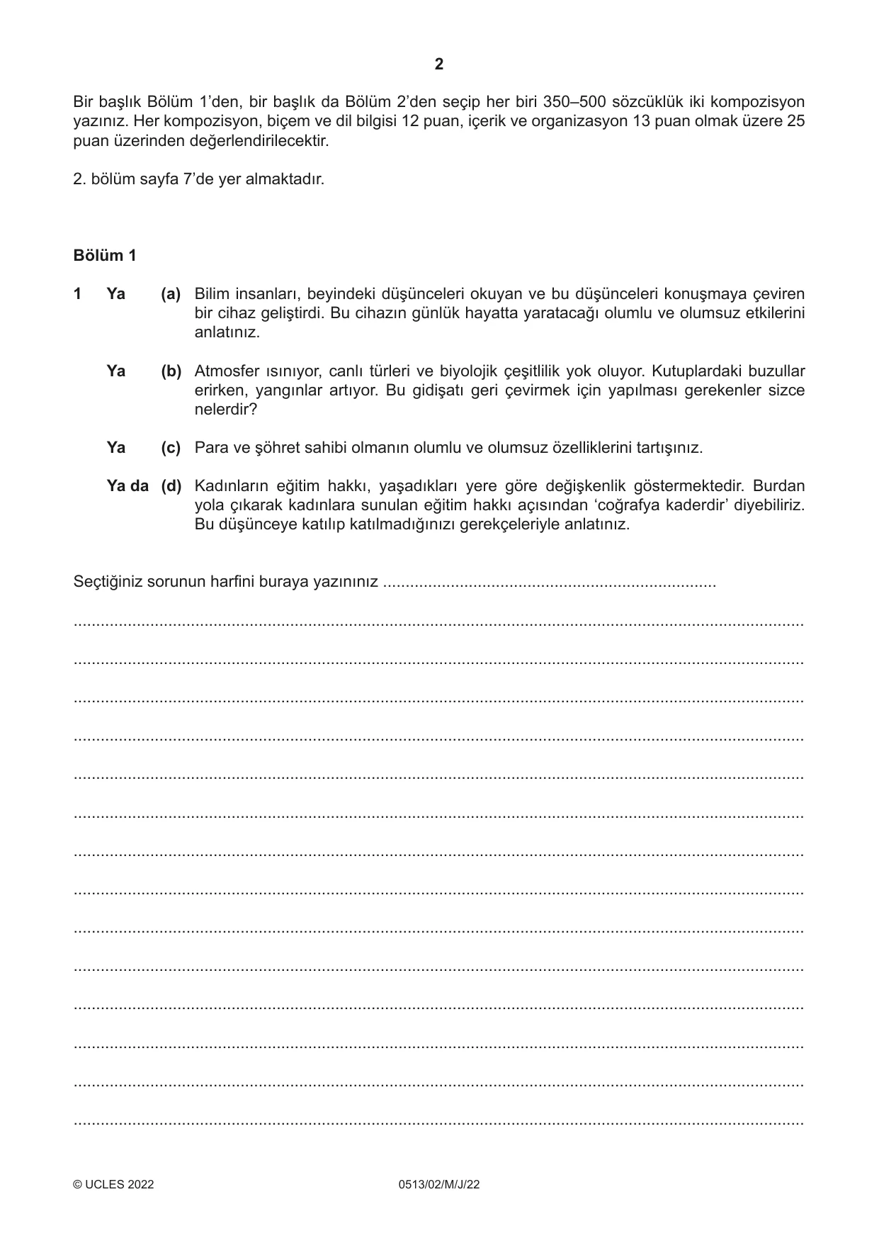 Cambridge IGCSE Turkish - First Language 0513 2022 May/June Paper 2 · Variant 0 question paper, page 2 of 12