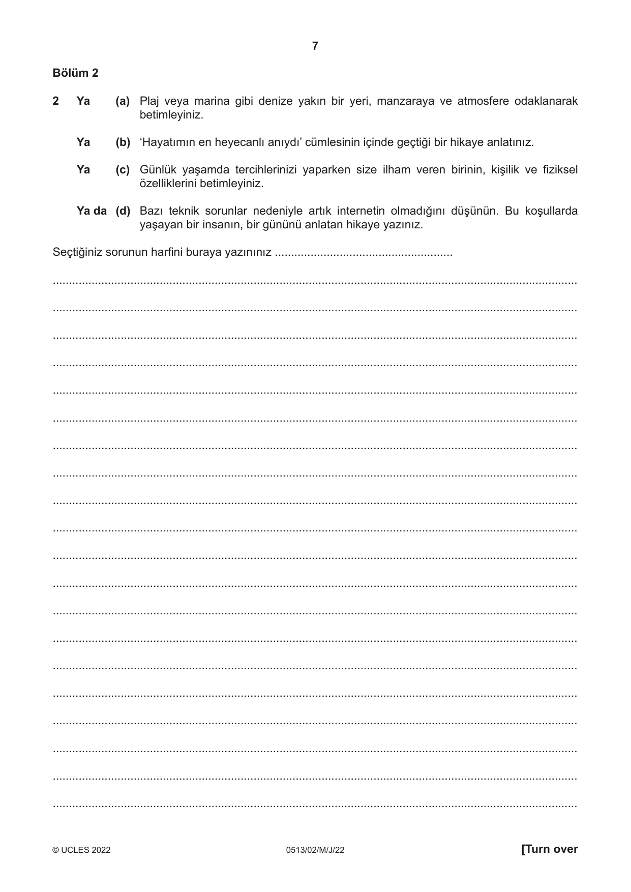 Cambridge IGCSE Turkish - First Language 0513 2022 May/June Paper 2 · Variant 0 question paper, page 7 of 12