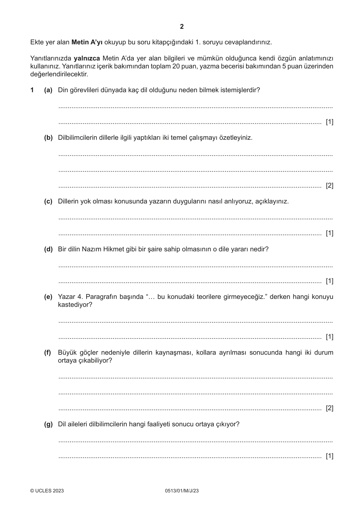 Cambridge IGCSE Turkish - First Language 0513 2023 May/June Paper 1 · Variant 0 question paper, page 2 of 8