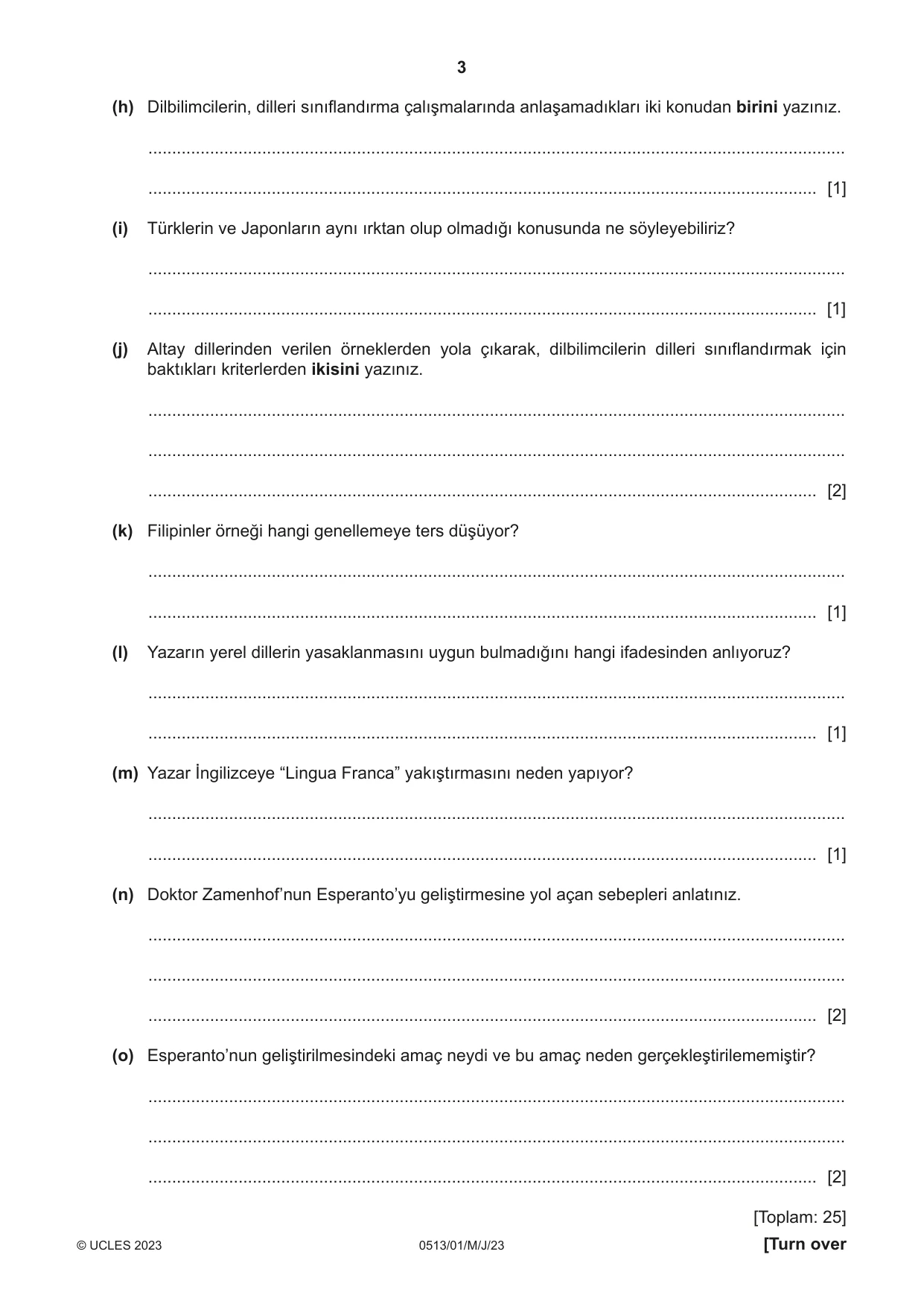 Cambridge IGCSE Turkish - First Language 0513 2023 May/June Paper 1 · Variant 0 question paper, page 3 of 8