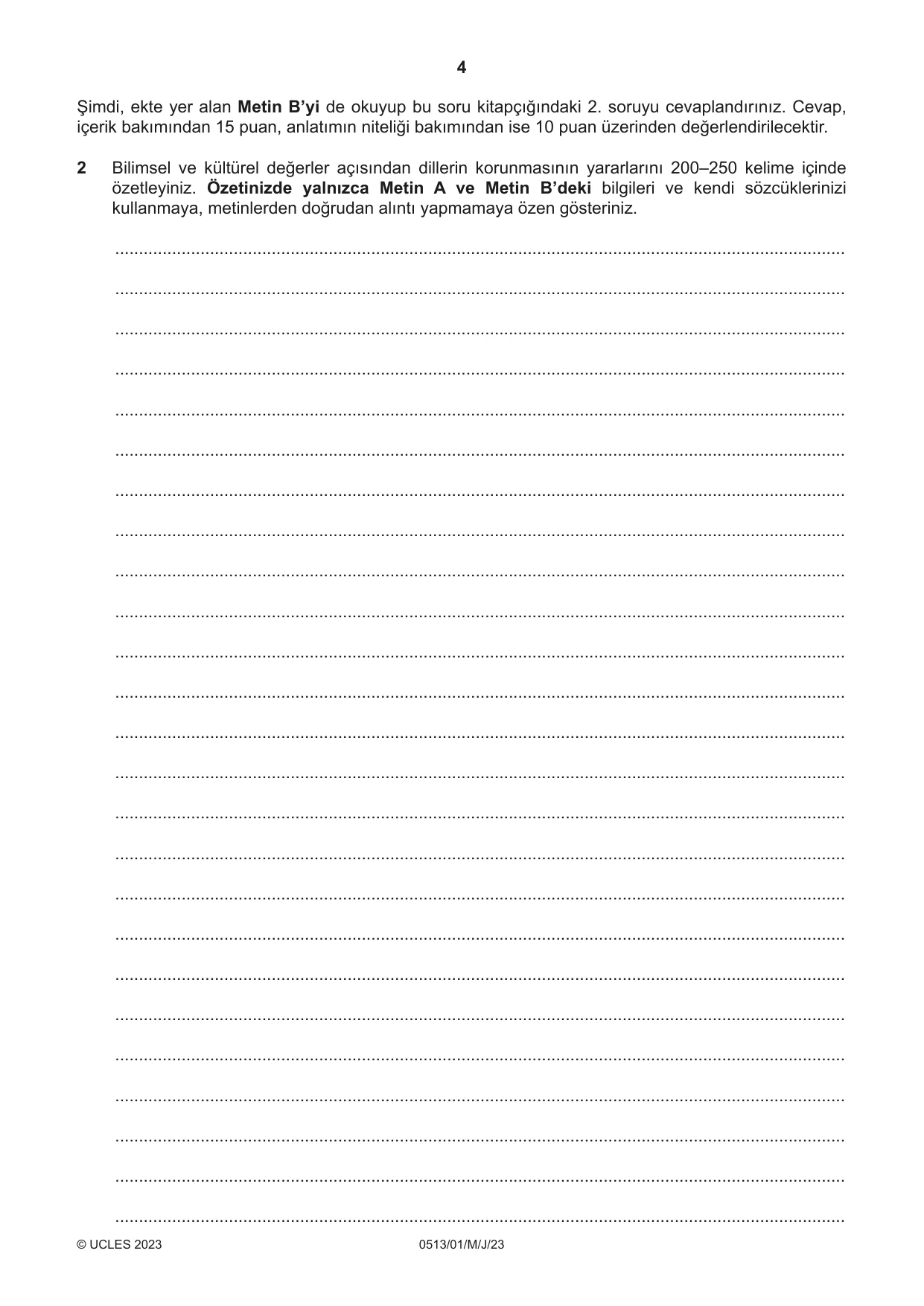 Cambridge IGCSE Turkish - First Language 0513 2023 May/June Paper 1 · Variant 0 question paper, page 4 of 8