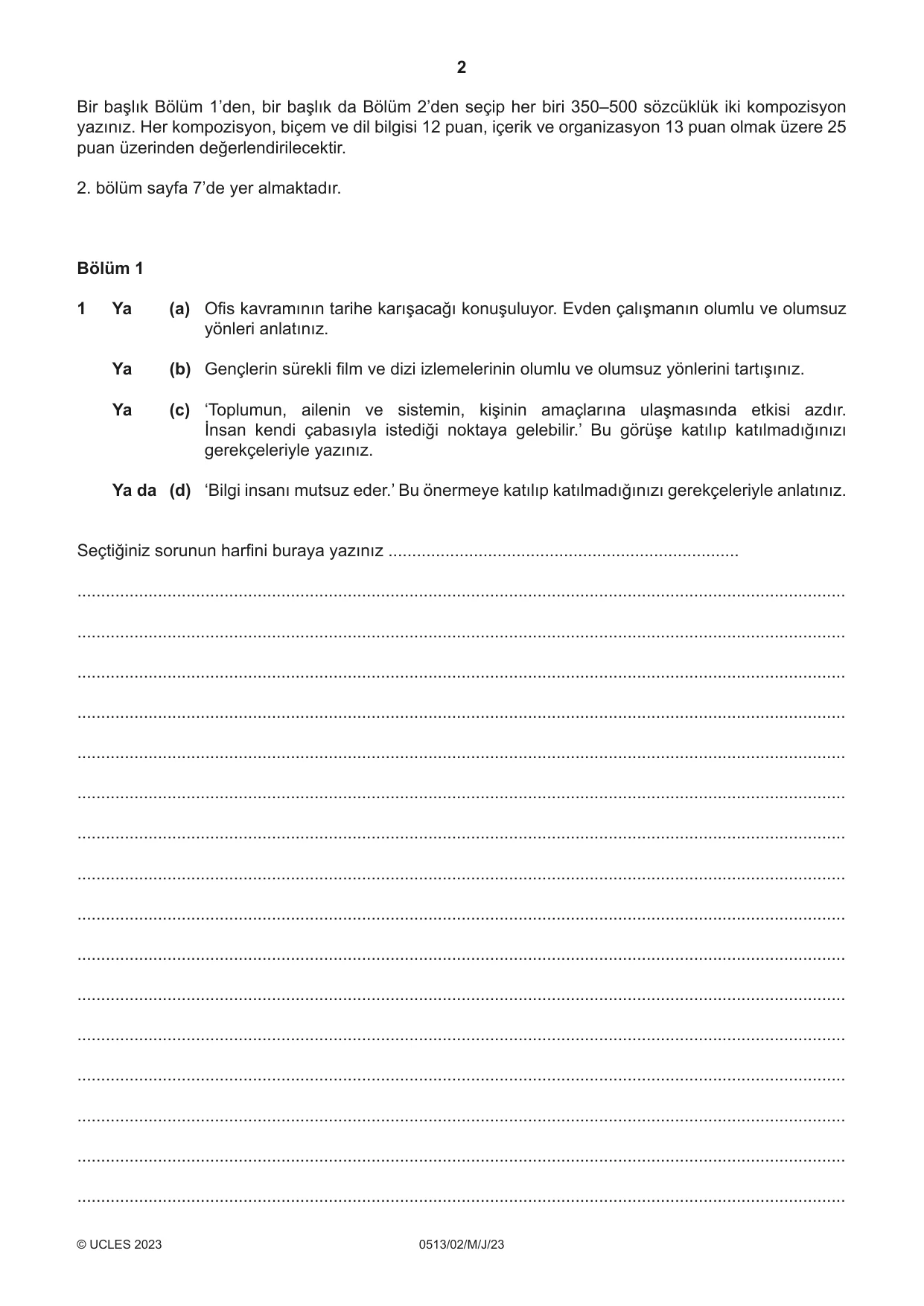 Cambridge IGCSE Turkish - First Language 0513 2023 May/June Paper 2 · Variant 0 question paper, page 2 of 12