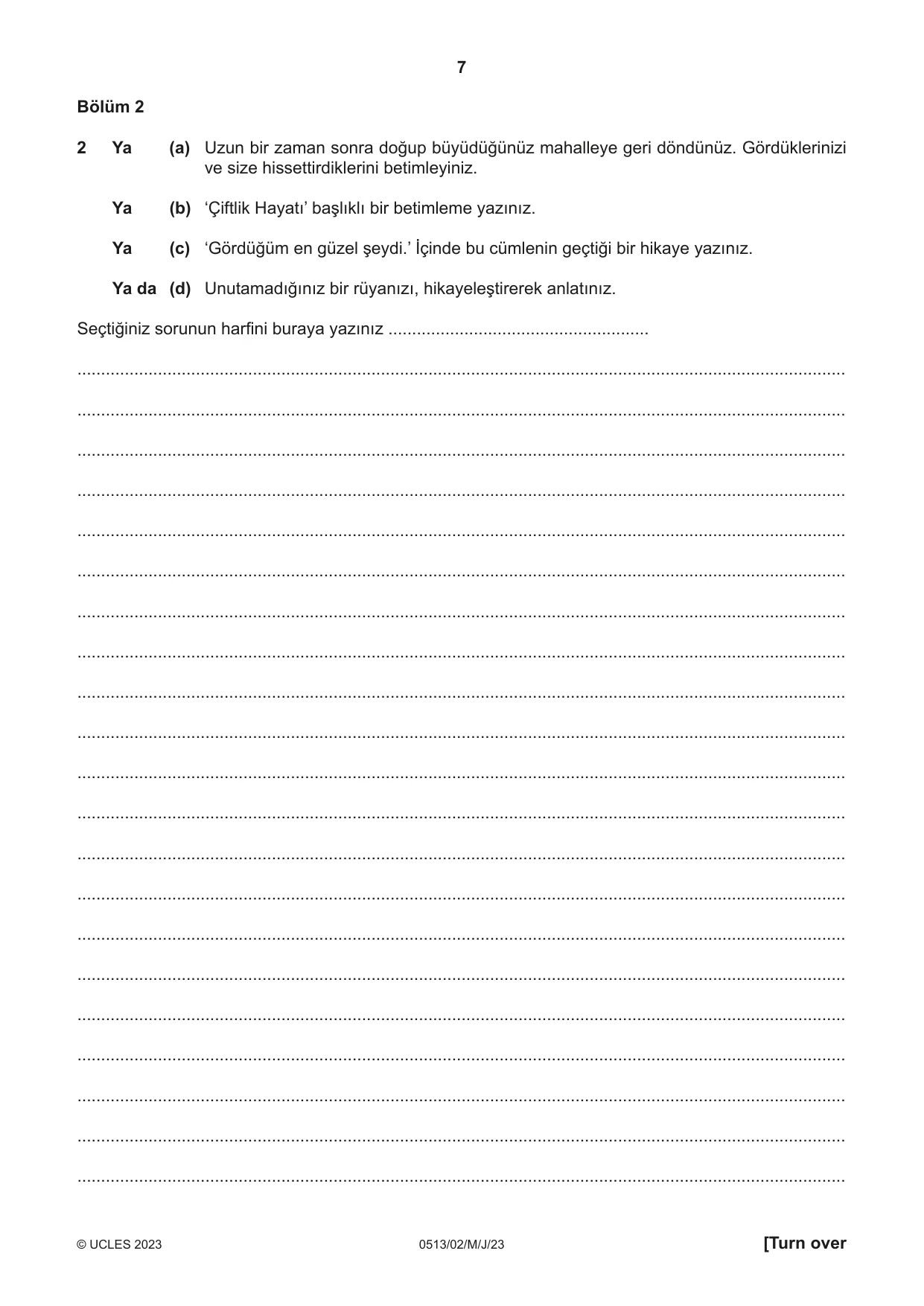 Cambridge IGCSE Turkish - First Language 0513 2023 May/June Paper 2 · Variant 0 question paper, page 7 of 12