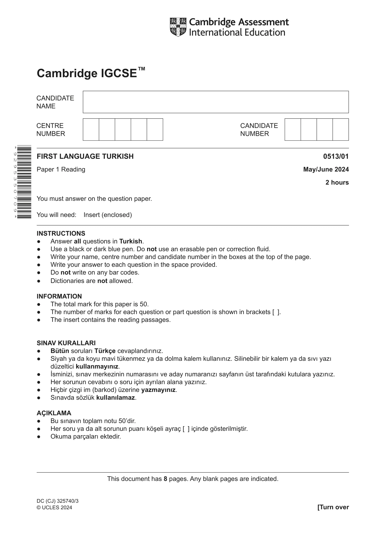 Cambridge IGCSE Turkish - First Language 0513 2024 May/June Paper 1 · Variant 0 question paper, page 1 of 8