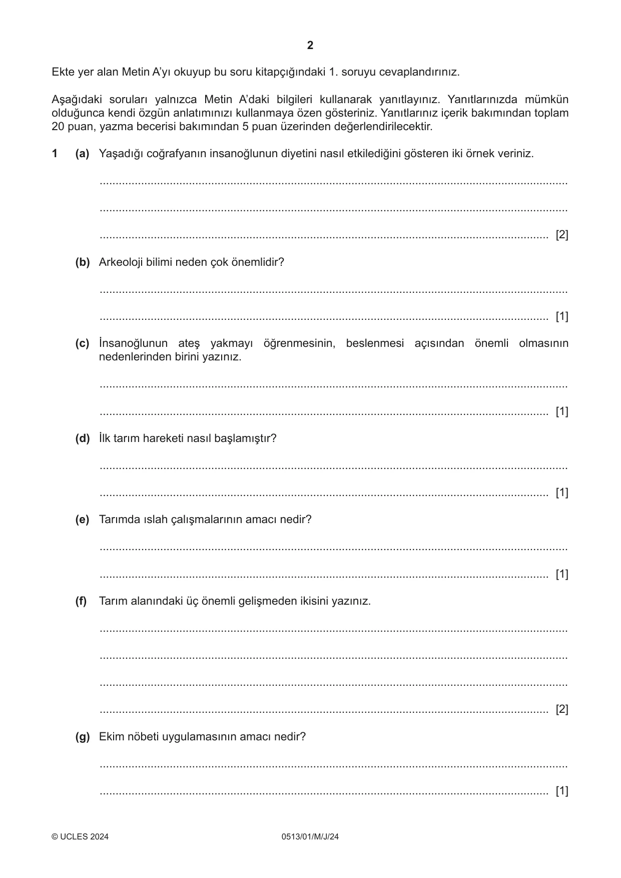 Cambridge IGCSE Turkish - First Language 0513 2024 May/June Paper 1 · Variant 0 question paper, page 2 of 8