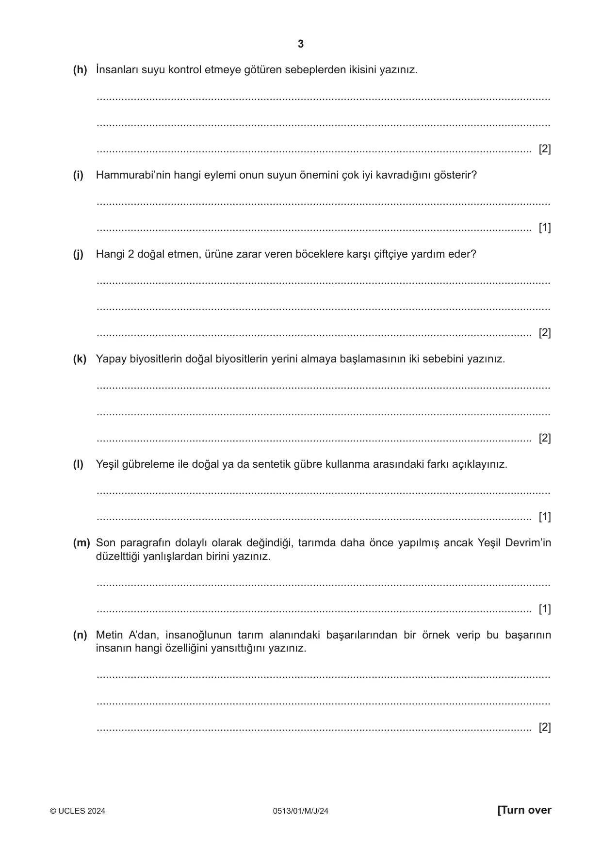 Cambridge IGCSE Turkish - First Language 0513 2024 May/June Paper 1 · Variant 0 question paper, page 3 of 8