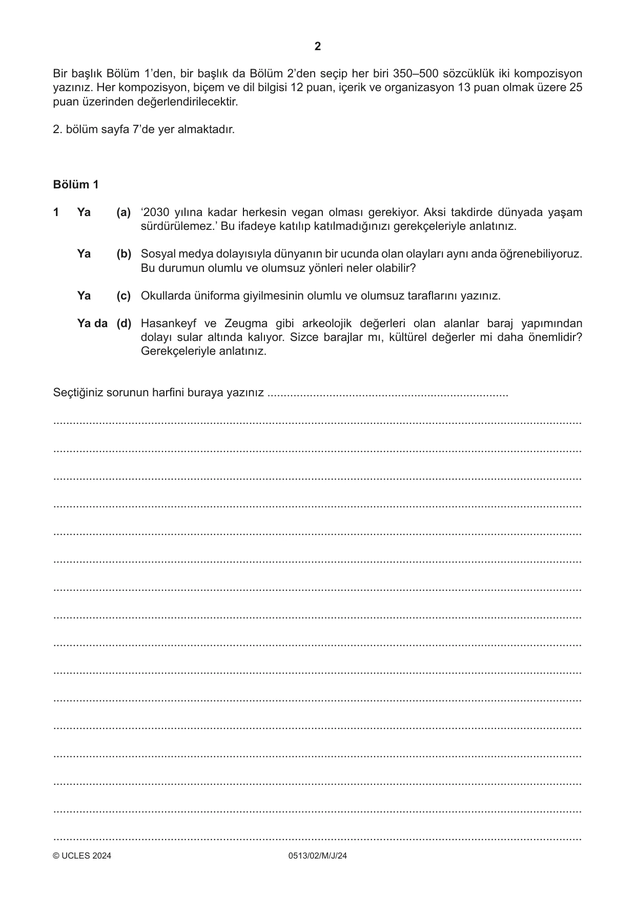 Cambridge IGCSE Turkish - First Language 0513 2024 May/June Paper 2 · Variant 0 question paper, page 2 of 12