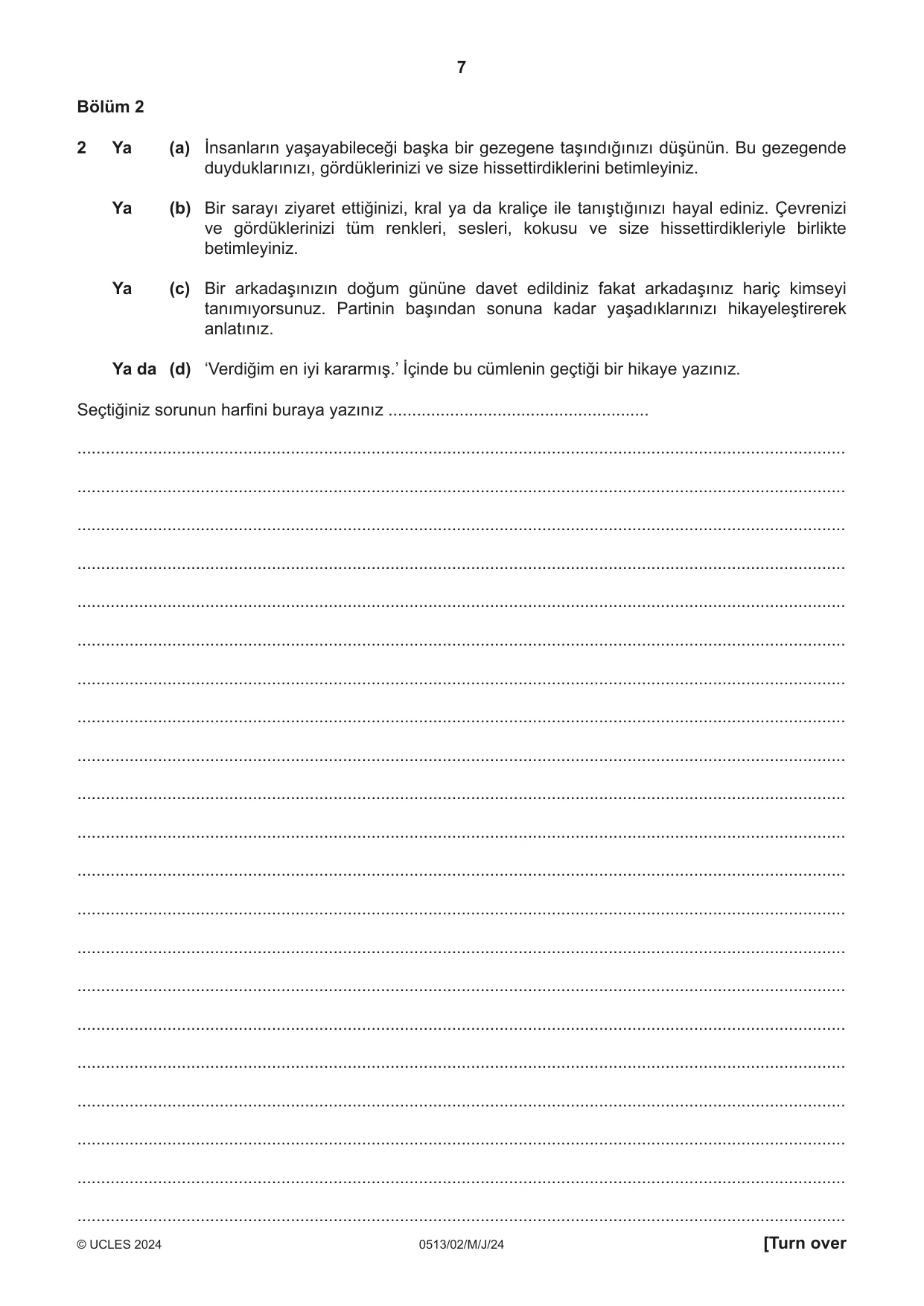 Cambridge IGCSE Turkish - First Language 0513 2024 May/June Paper 2 · Variant 0 question paper, page 7 of 12