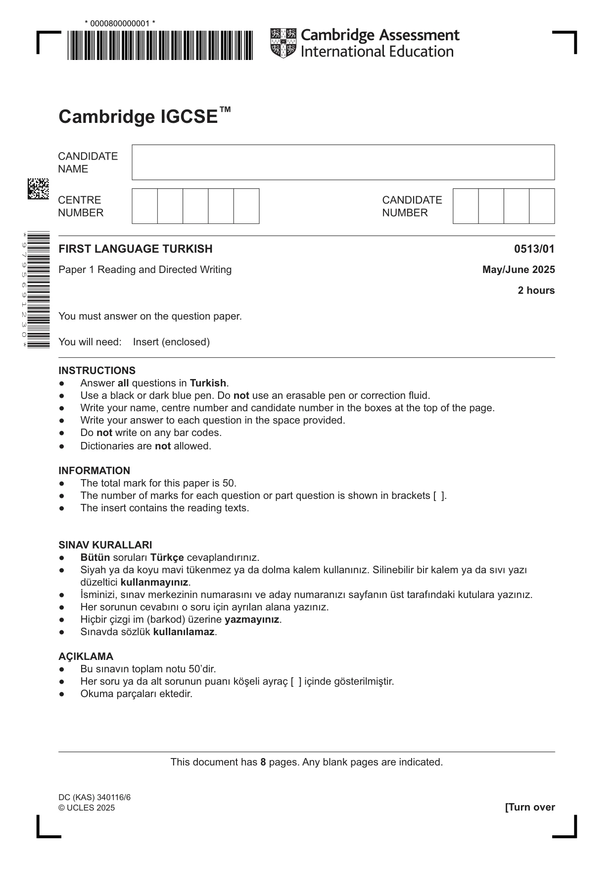 Cambridge IGCSE Turkish - First Language 0513 2025 May/June Paper 1 · Variant 0 question paper, page 1 of 8