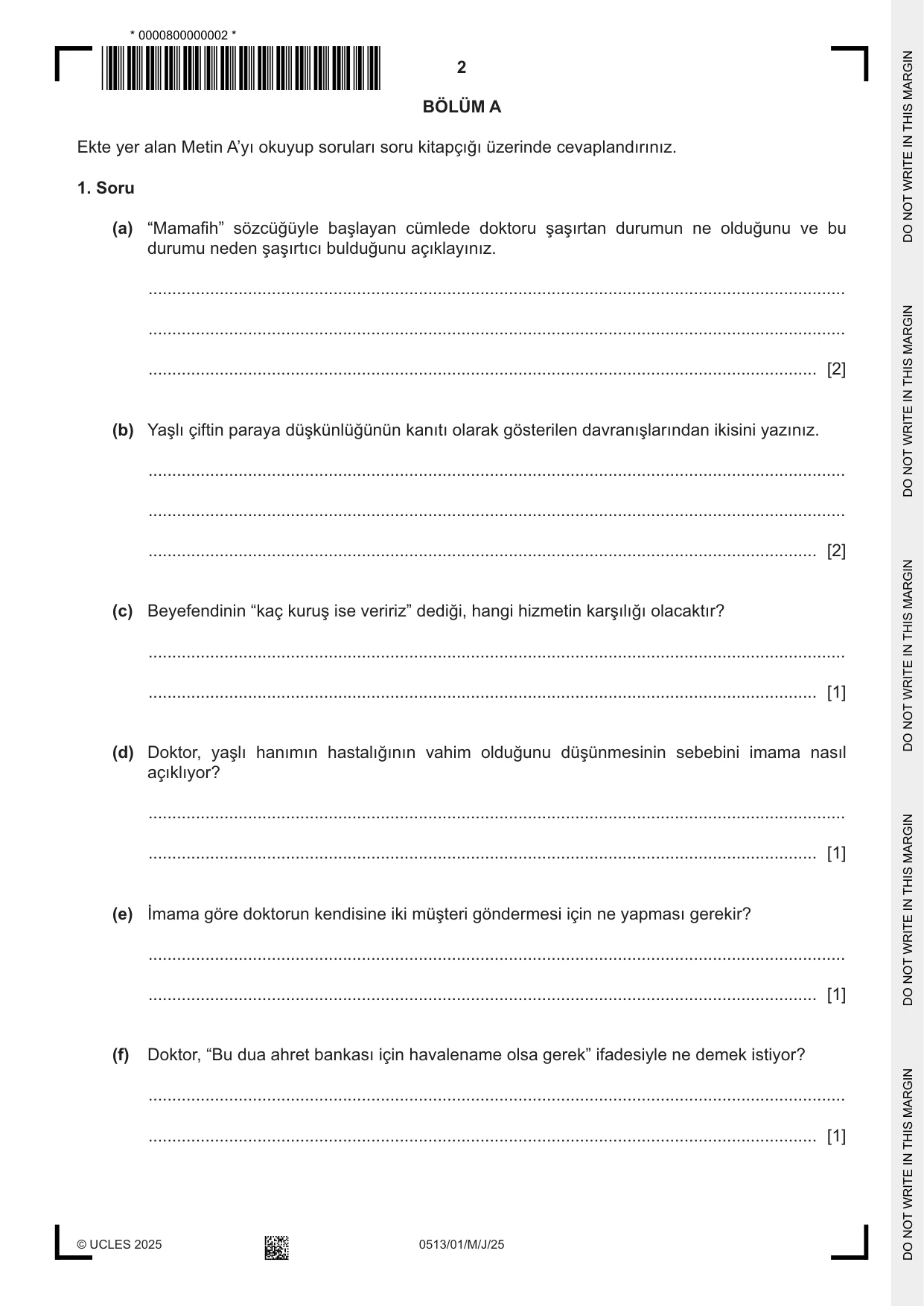 Cambridge IGCSE Turkish - First Language 0513 2025 May/June Paper 1 · Variant 0 question paper, page 2 of 8