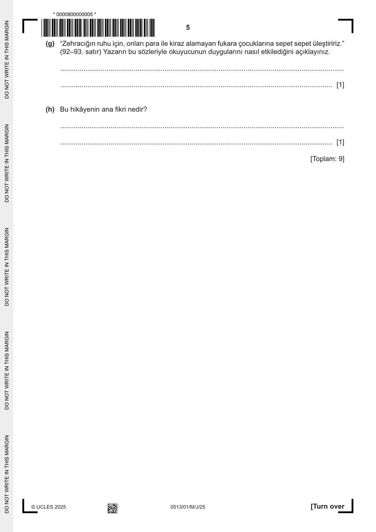 Cambridge IGCSE Turkish - First Language 0513 2025 May/June Paper 1 · Variant 0 question paper, page 5 of 8