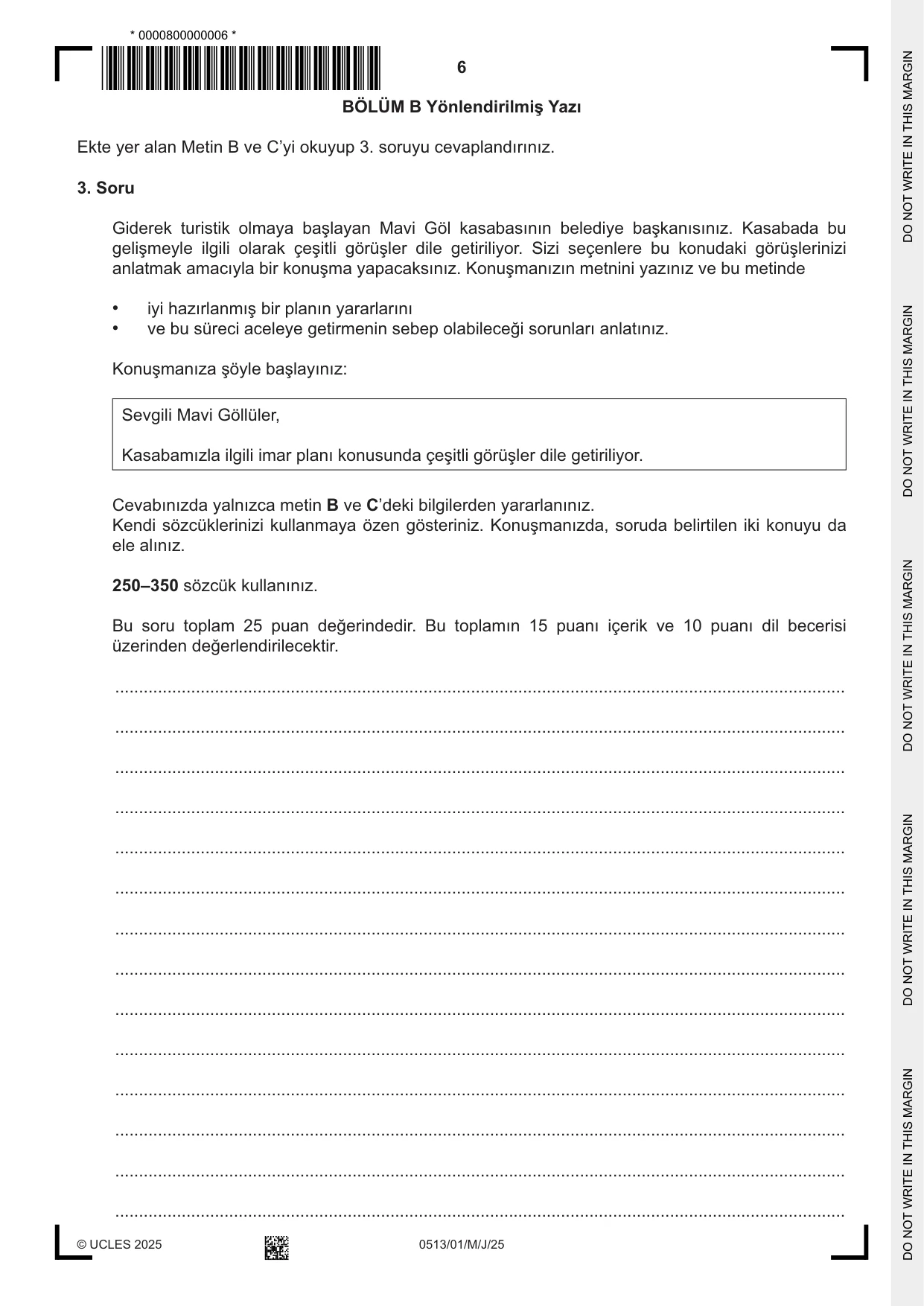 Cambridge IGCSE Turkish - First Language 0513 2025 May/June Paper 1 · Variant 0 question paper, page 6 of 8