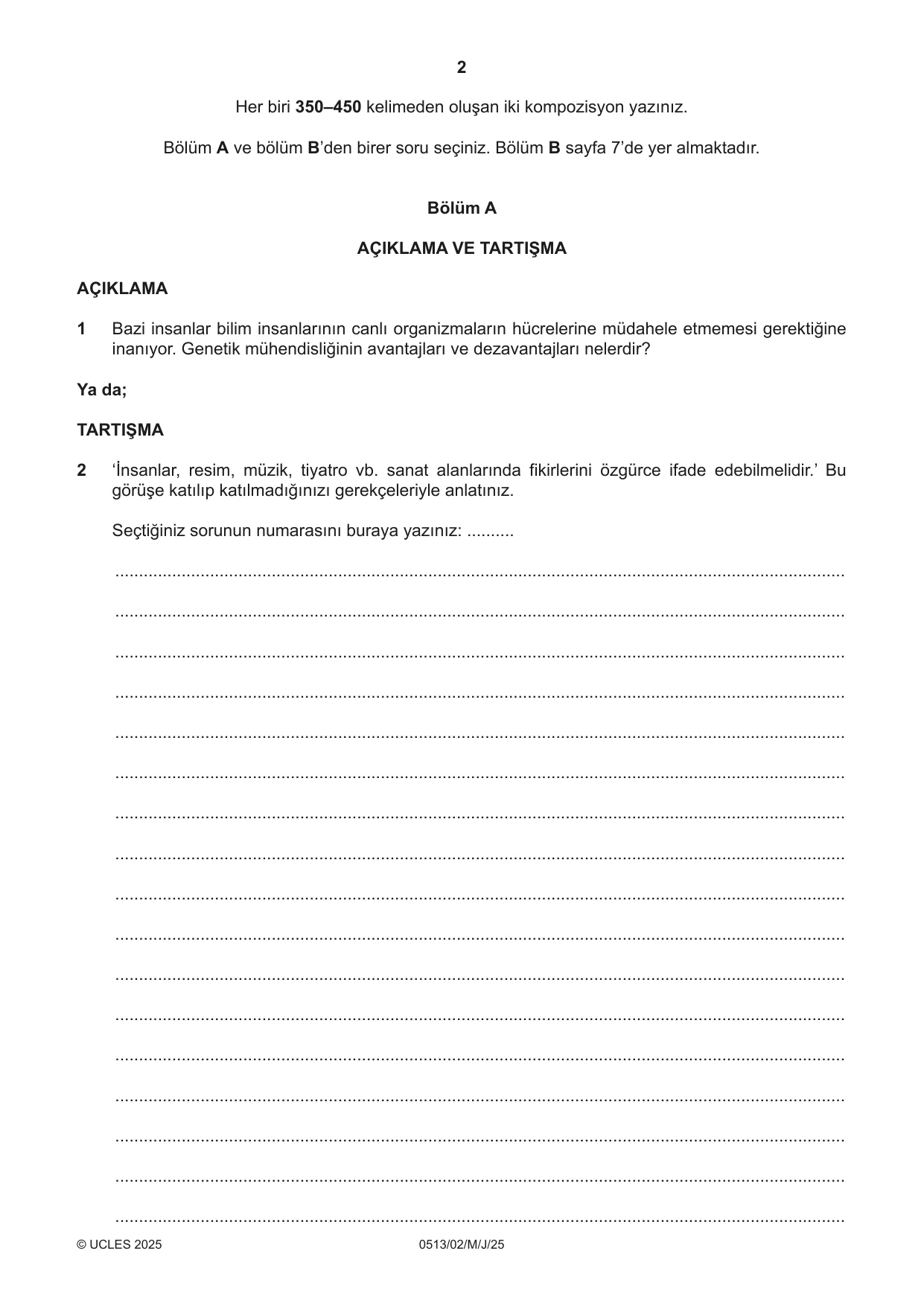 Cambridge IGCSE Turkish - First Language 0513 2025 May/June Paper 2 · Variant 0 question paper, page 2 of 12