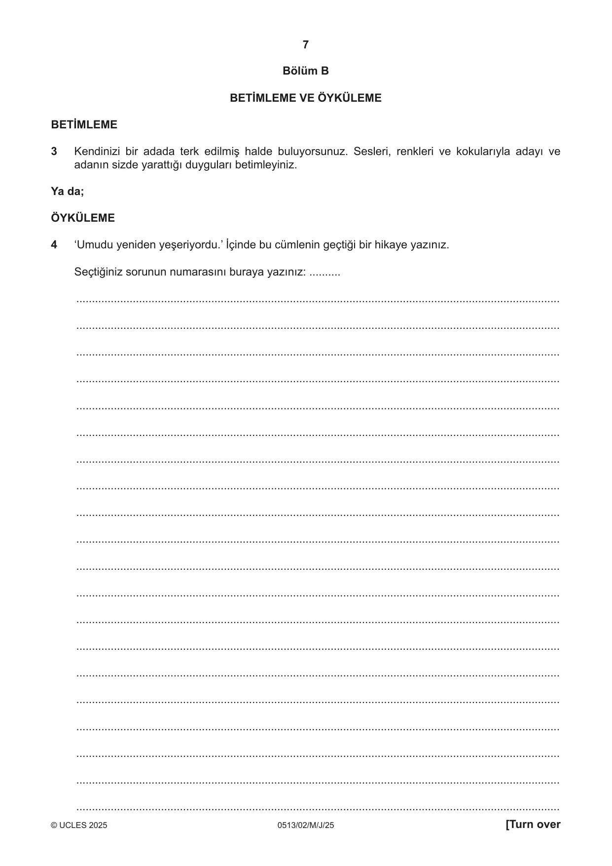 Cambridge IGCSE Turkish - First Language 0513 2025 May/June Paper 2 · Variant 0 question paper, page 7 of 12