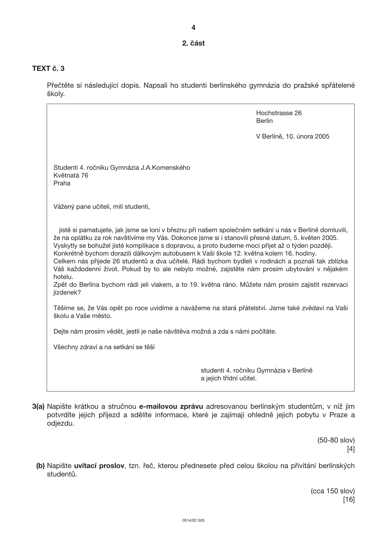 Cambridge IGCSE Czech - First Language 0514 2005 May/June Paper 2 · Variant 1 question paper, page 4 of 8