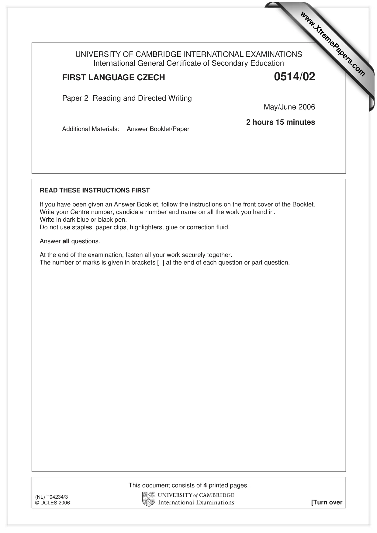 Cambridge IGCSE Czech - First Language 0514 2006 May/June Paper 2 · Variant 1 question paper, page 1 of 4