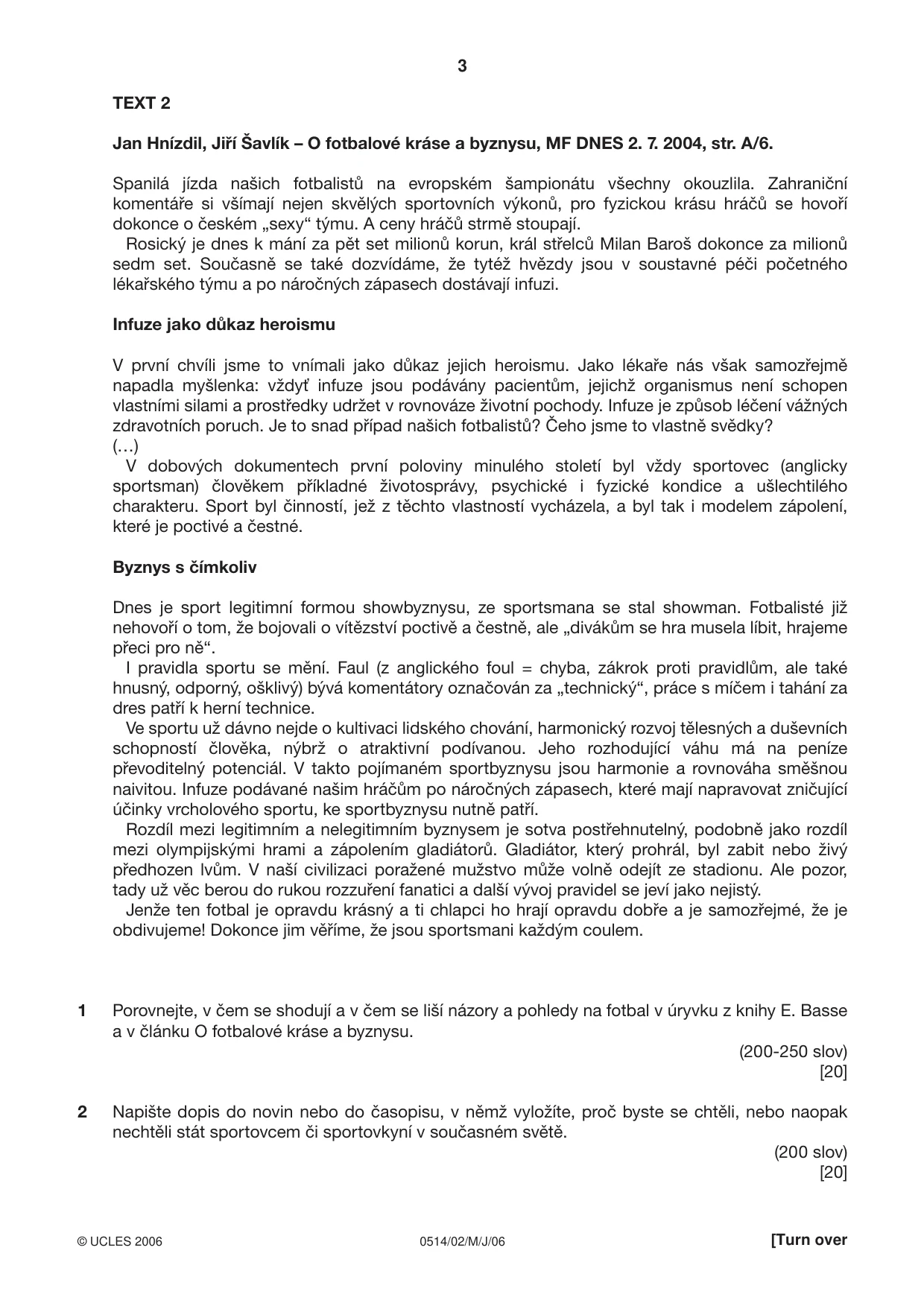 Cambridge IGCSE Czech - First Language 0514 2006 May/June Paper 2 · Variant 1 question paper, page 3 of 4