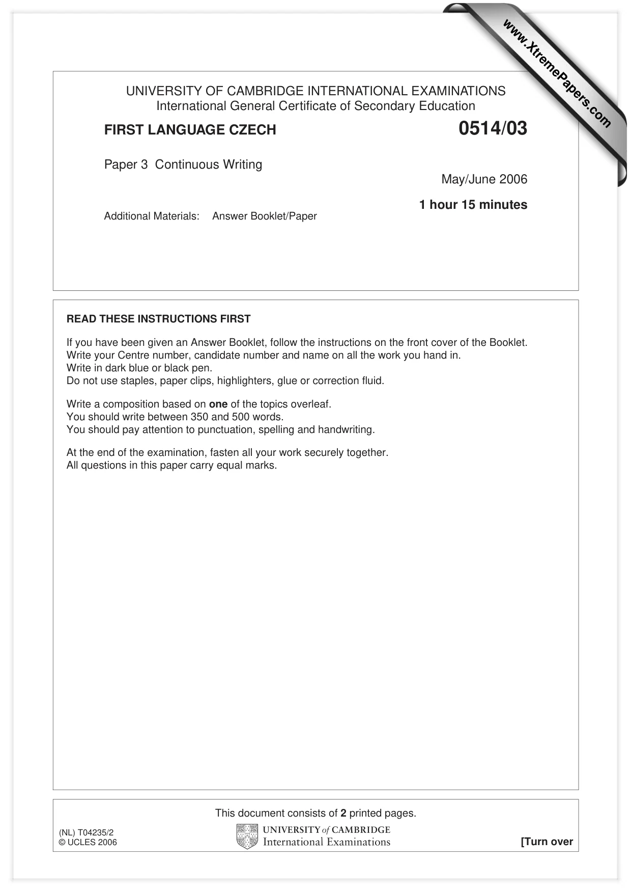 Cambridge IGCSE Czech - First Language 0514 2006 May/June Paper 3 · Variant 1 question paper, page 1 of 2