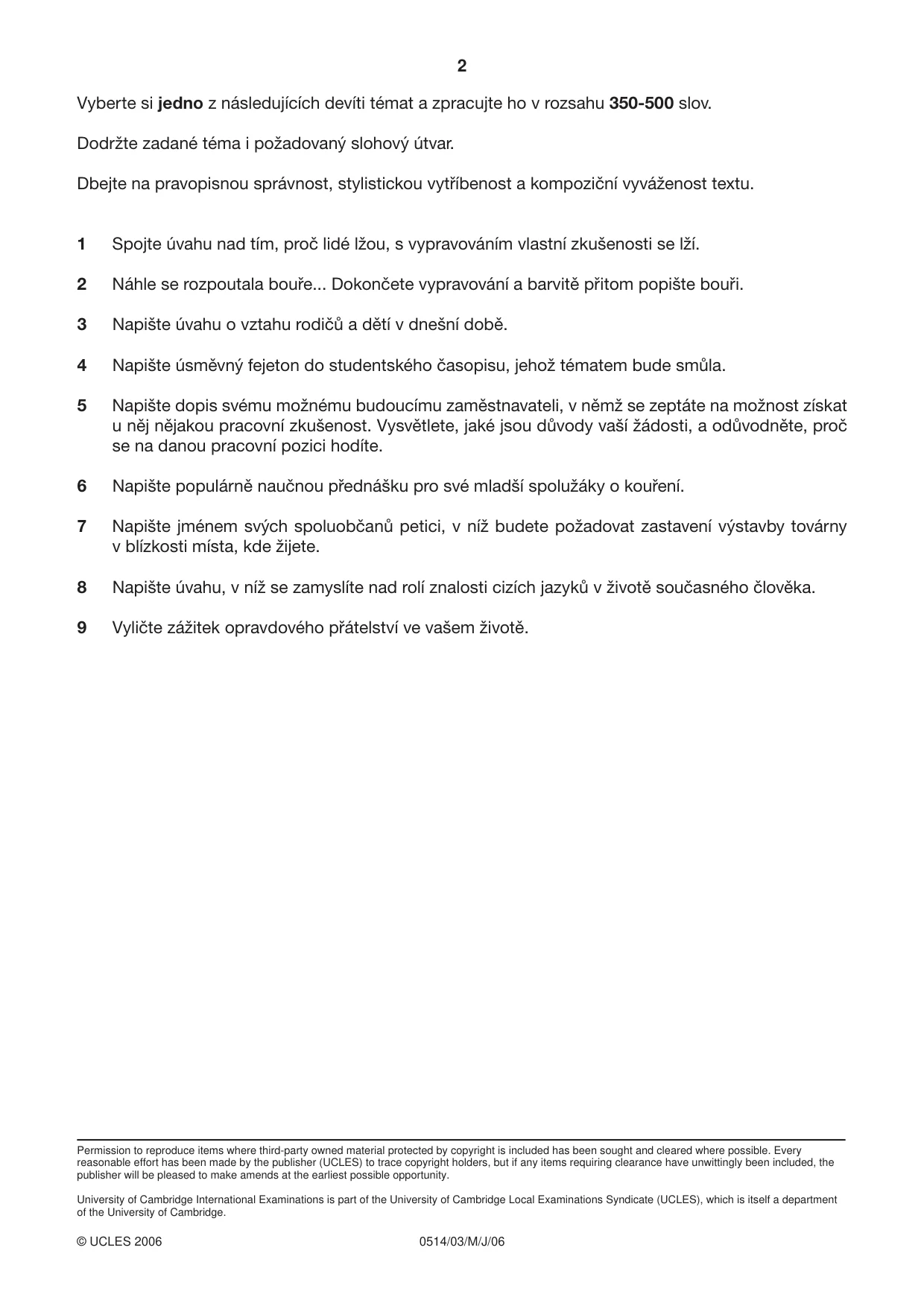 Cambridge IGCSE Czech - First Language 0514 2006 May/June Paper 3 · Variant 1 question paper, page 2 of 2