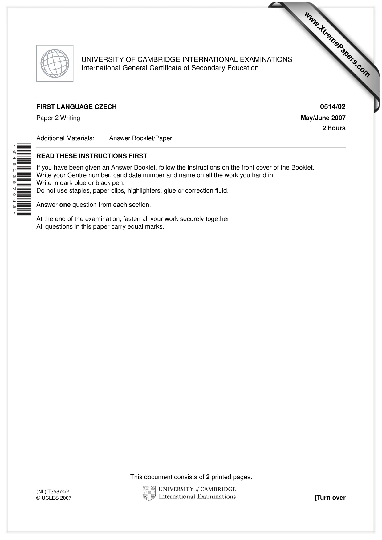 Cambridge IGCSE Czech - First Language 0514 2007 May/June Paper 2 · Variant 1 question paper, page 1 of 2