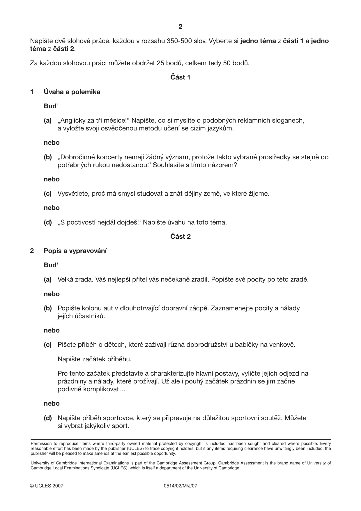 Cambridge IGCSE Czech - First Language 0514 2007 May/June Paper 2 · Variant 1 question paper, page 2 of 2