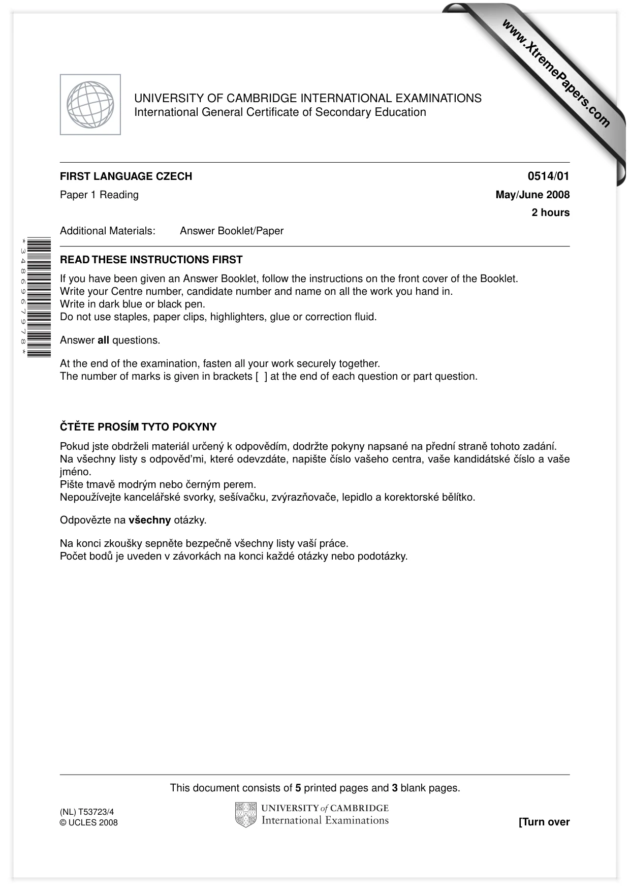 Cambridge IGCSE Czech - First Language 0514 2008 May/June Paper 1 · Variant 1 question paper, page 1 of 8