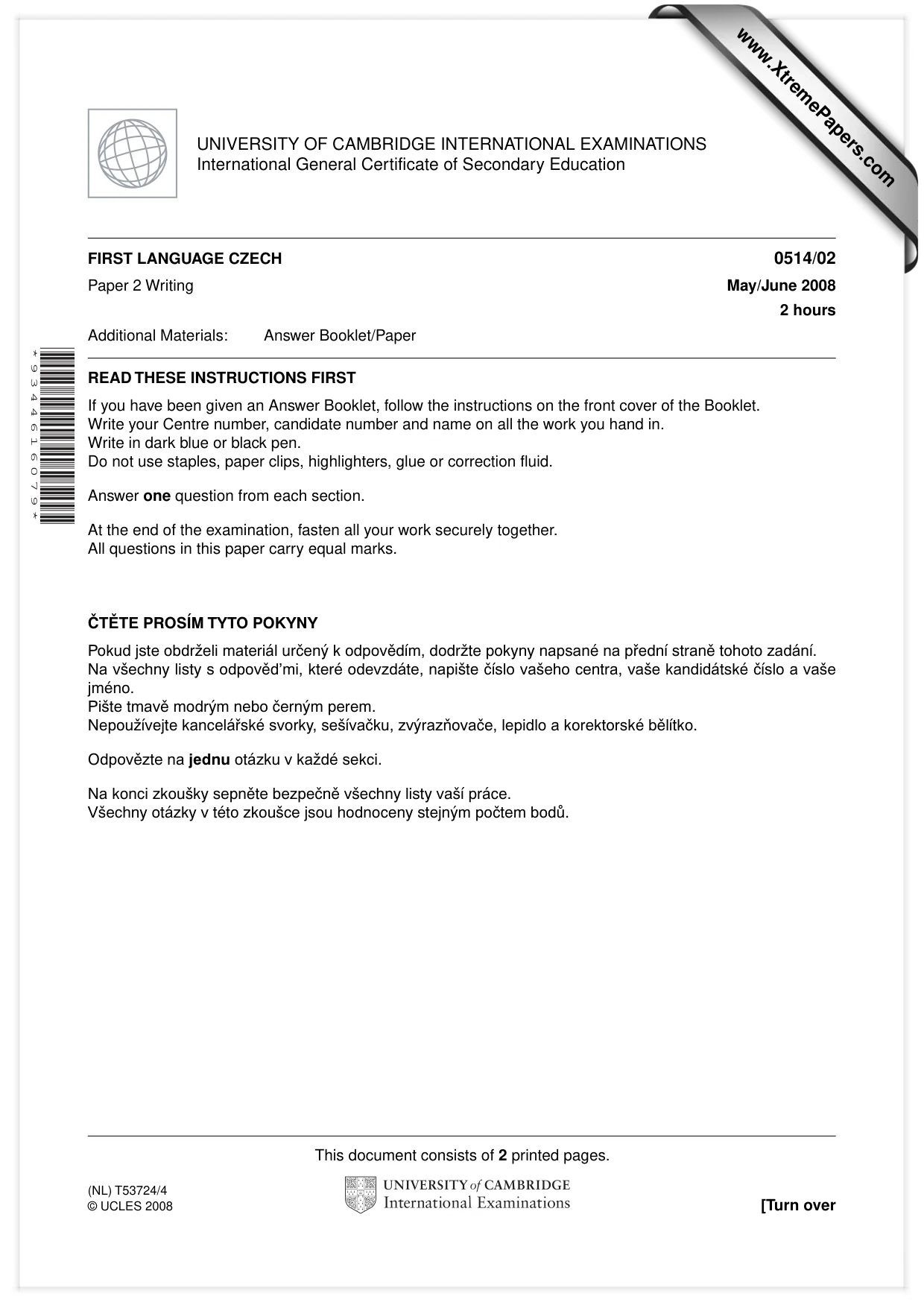 Cambridge IGCSE Czech - First Language 0514 2008 May/June Paper 2 · Variant 1 question paper, page 1 of 2