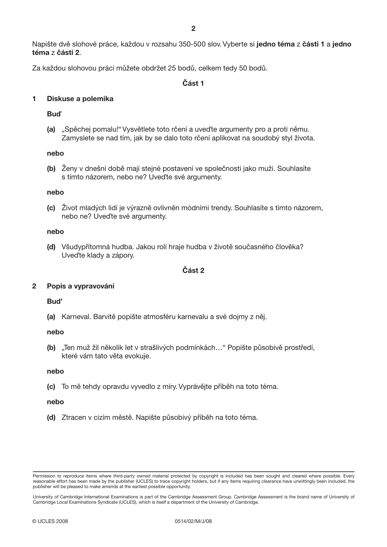 Cambridge IGCSE Czech - First Language 0514 2008 May/June Paper 2 · Variant 1 question paper, page 2 of 2