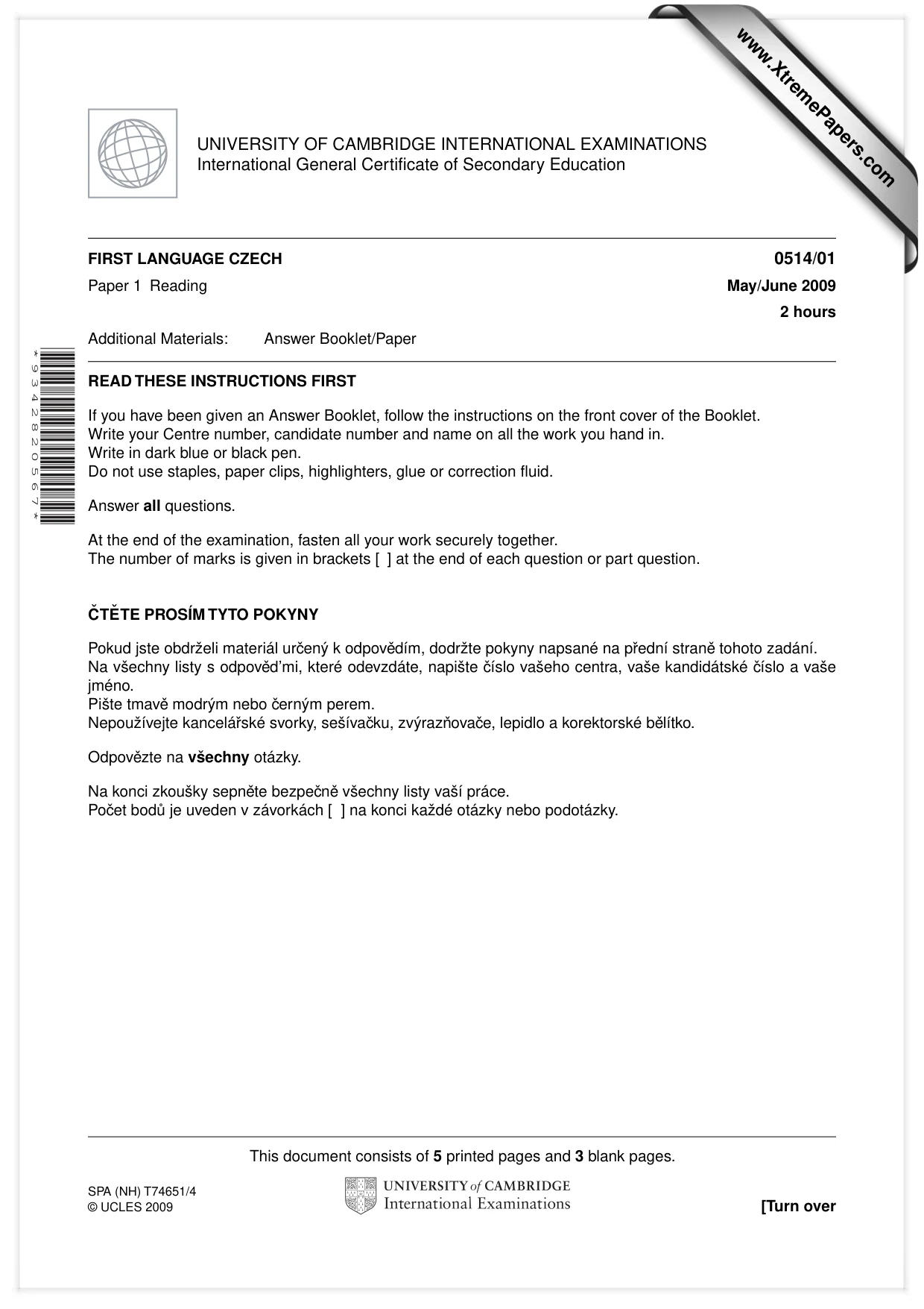 Cambridge IGCSE Czech - First Language 0514 2009 May/June Paper 1 · Variant 1 question paper, page 1 of 8