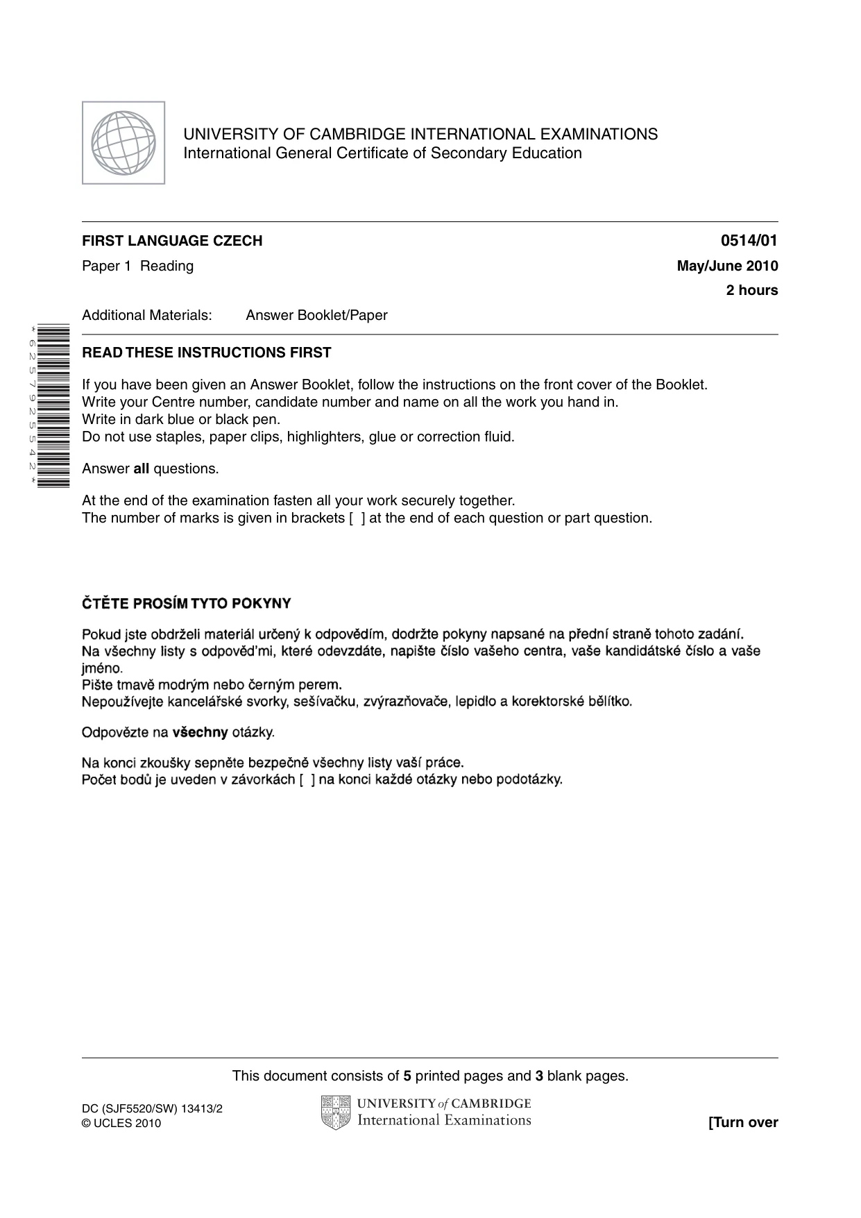 Cambridge IGCSE Czech - First Language 0514 2010 May/June Paper 1 · Variant 1 question paper, page 1 of 8