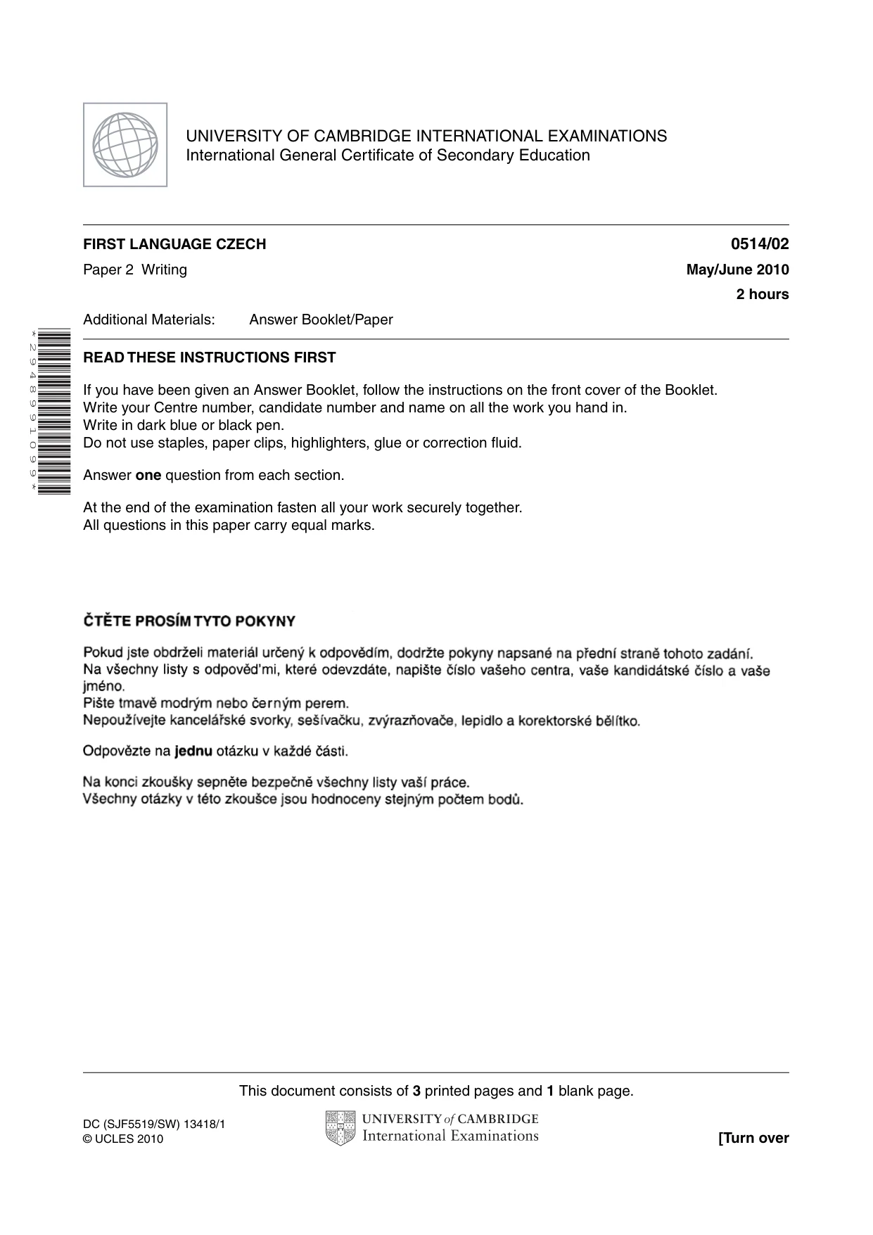 Cambridge IGCSE Czech - First Language 0514 2010 May/June Paper 2 · Variant 1 question paper, page 1 of 4