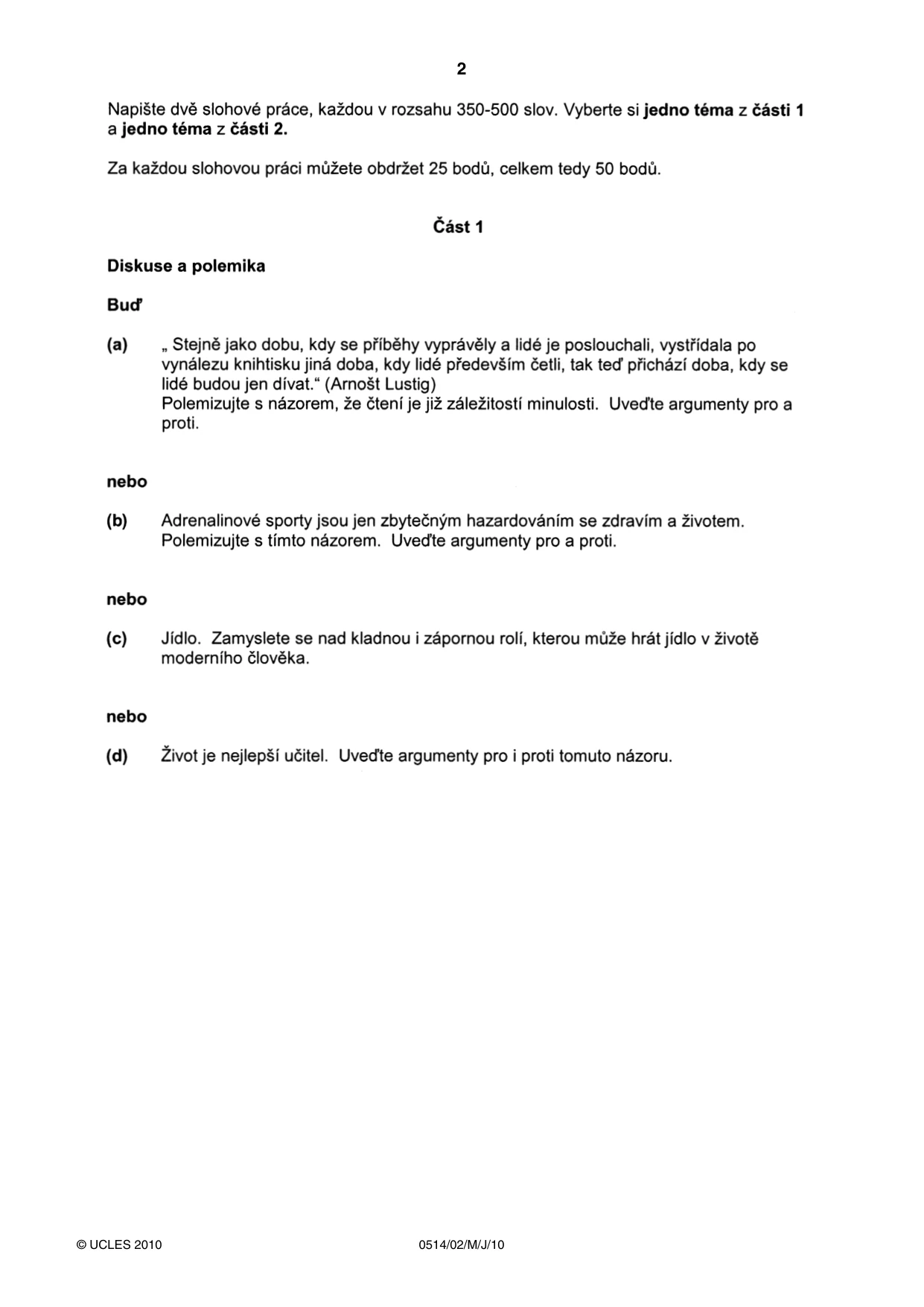 Cambridge IGCSE Czech - First Language 0514 2010 May/June Paper 2 · Variant 1 question paper, page 2 of 4