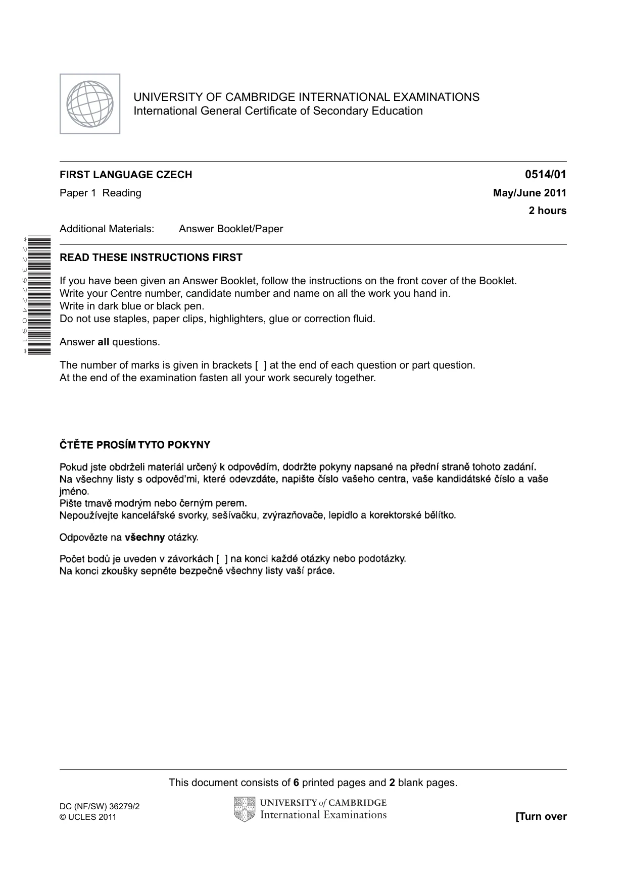 Cambridge IGCSE Czech - First Language 0514 2011 May/June Paper 1 · Variant 1 question paper, page 1 of 8