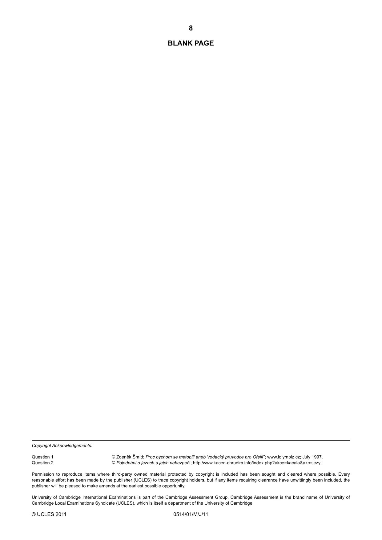 Cambridge IGCSE Czech - First Language 0514 2011 May/June Paper 1 · Variant 1 question paper, page 8 of 8