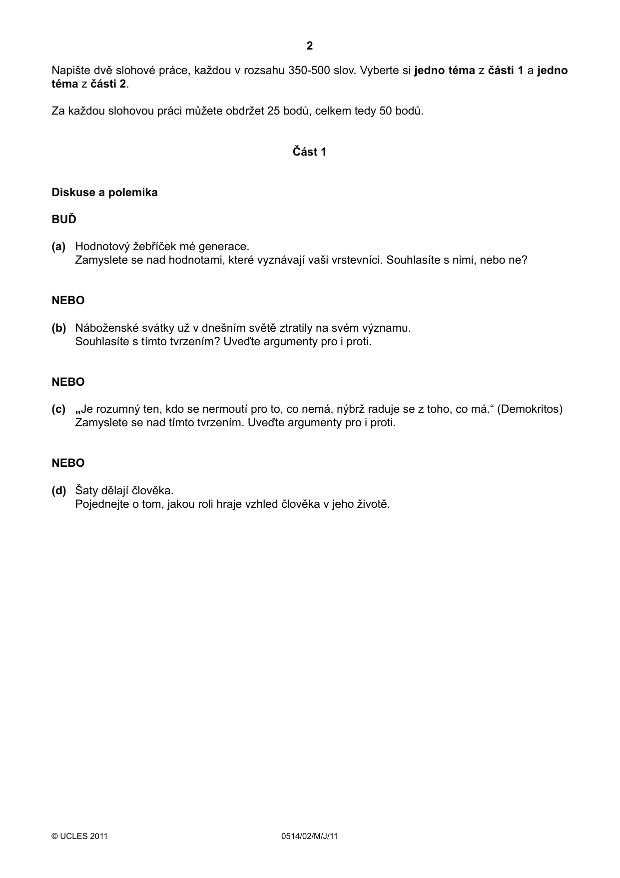 Cambridge IGCSE Czech - First Language 0514 2011 May/June Paper 2 · Variant 1 question paper, page 2 of 4