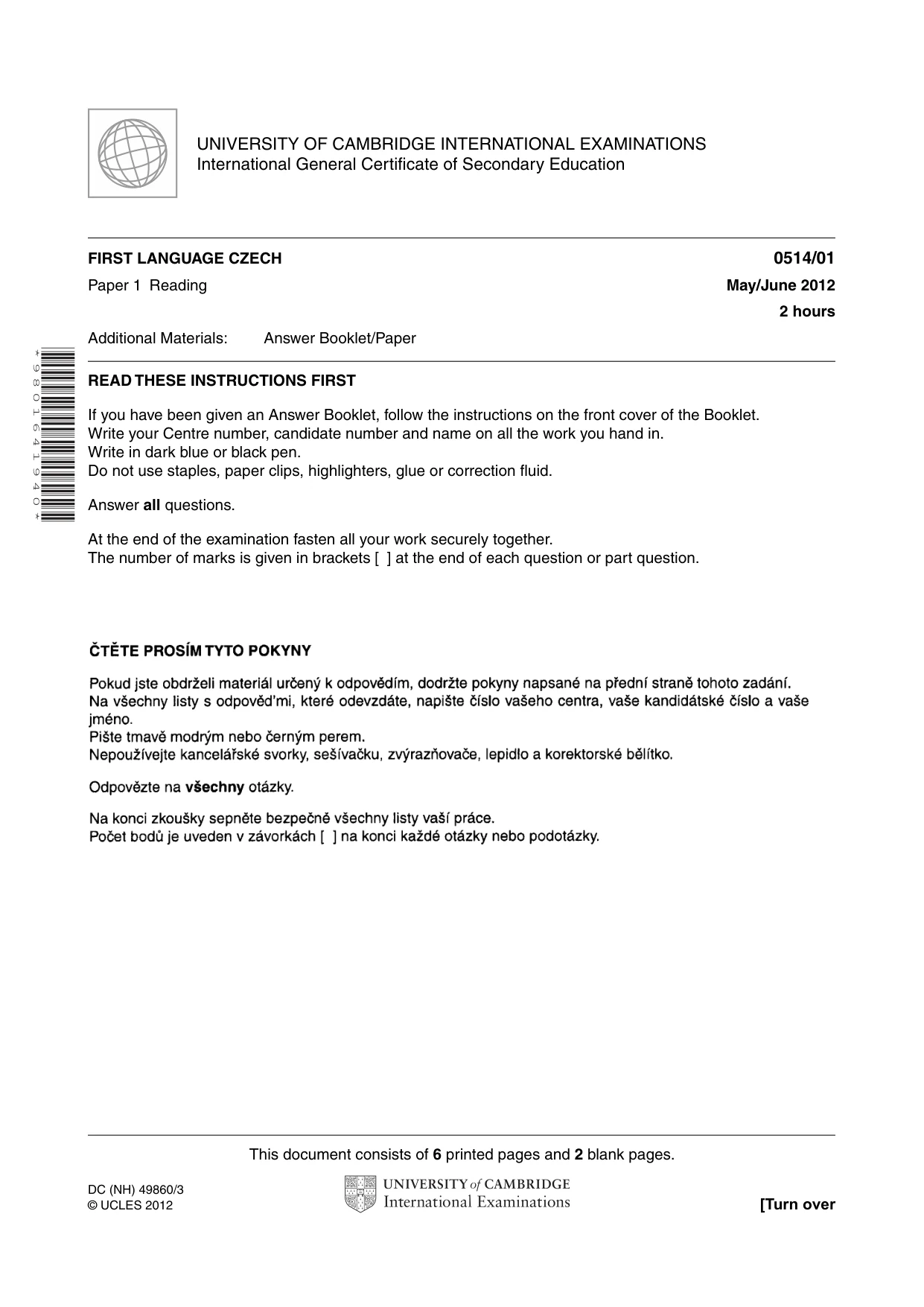 Cambridge IGCSE Czech - First Language 0514 2012 May/June Paper 1 · Variant 1 question paper, page 1 of 8