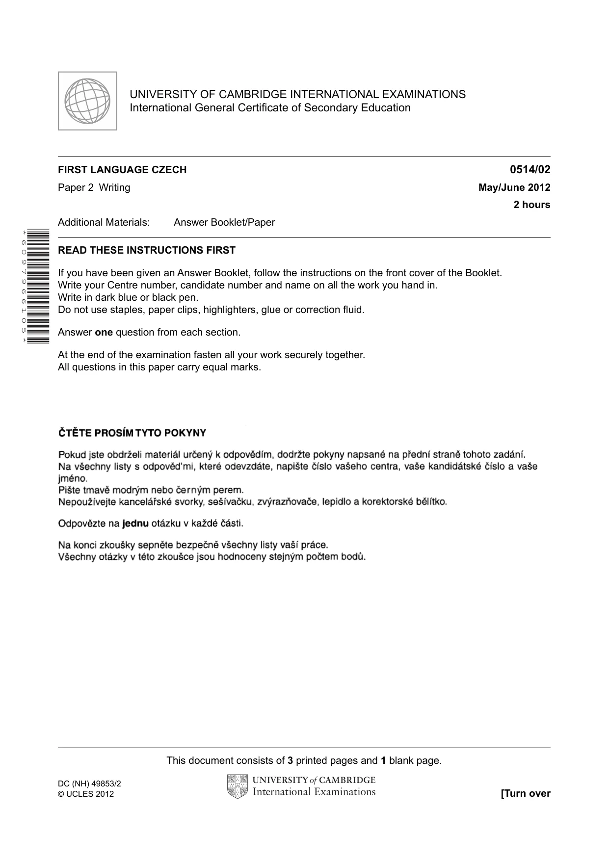 Cambridge IGCSE Czech - First Language 0514 2012 May/June Paper 2 · Variant 1 question paper, page 1 of 4
