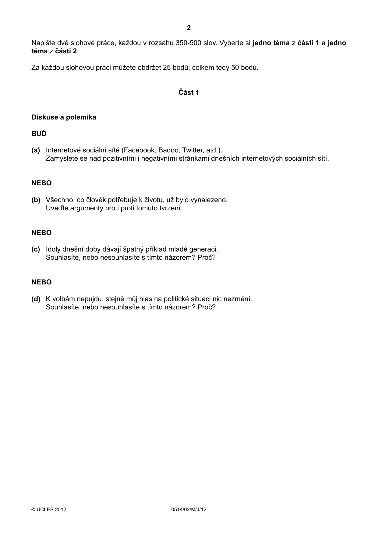 Cambridge IGCSE Czech - First Language 0514 2012 May/June Paper 2 · Variant 1 question paper, page 2 of 4