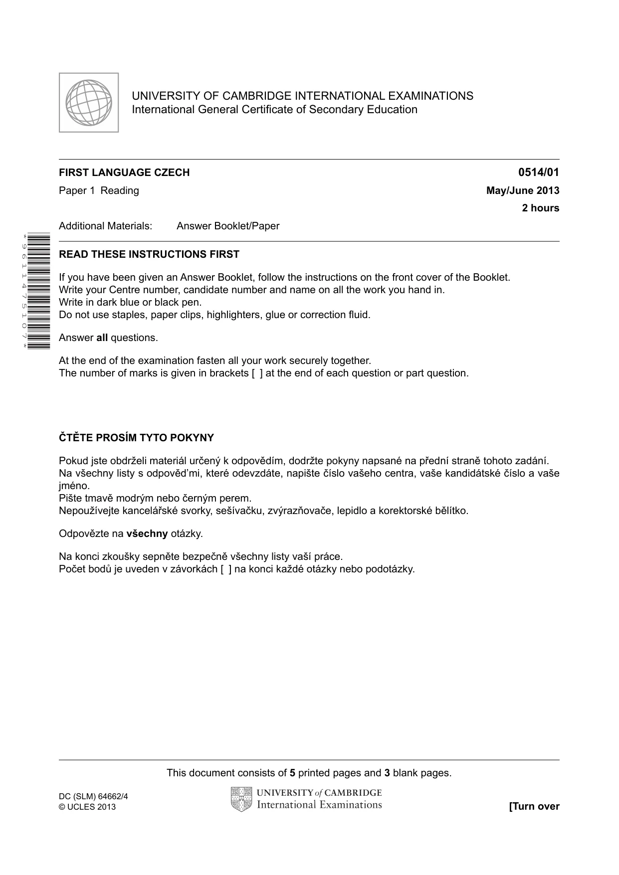 Cambridge IGCSE Czech - First Language 0514 2013 May/June Paper 1 · Variant 1 question paper, page 1 of 8