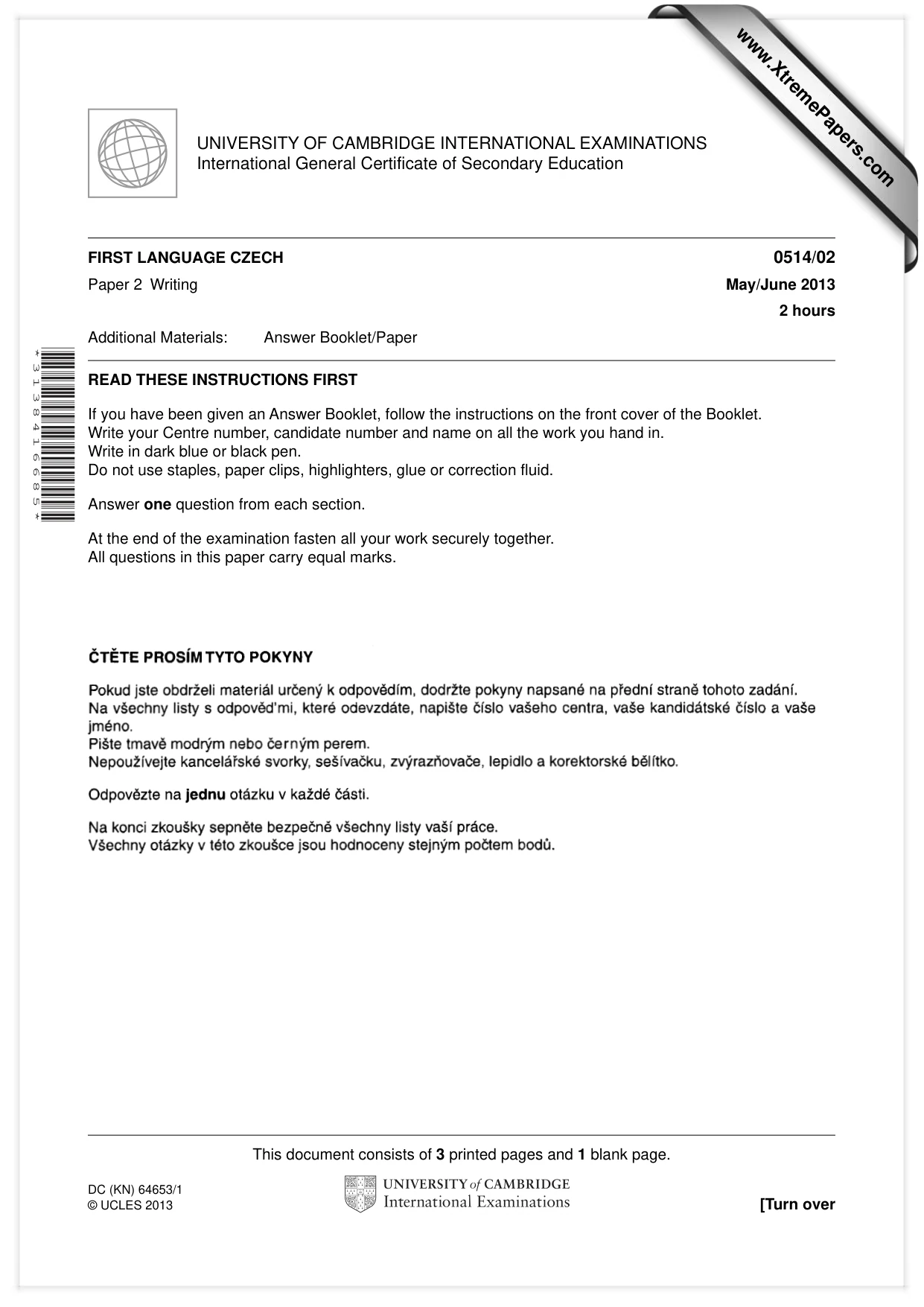 Cambridge IGCSE Czech - First Language 0514 2013 May/June Paper 2 · Variant 1 question paper, page 1 of 4