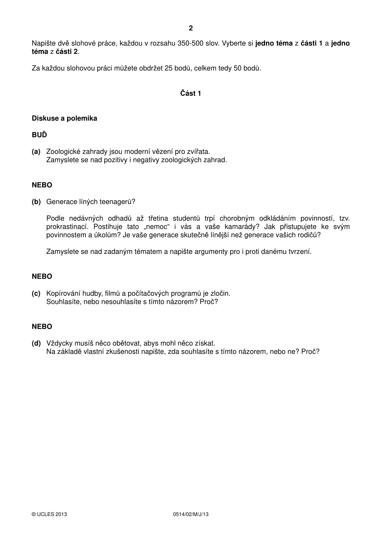Cambridge IGCSE Czech - First Language 0514 2013 May/June Paper 2 · Variant 1 question paper, page 2 of 4